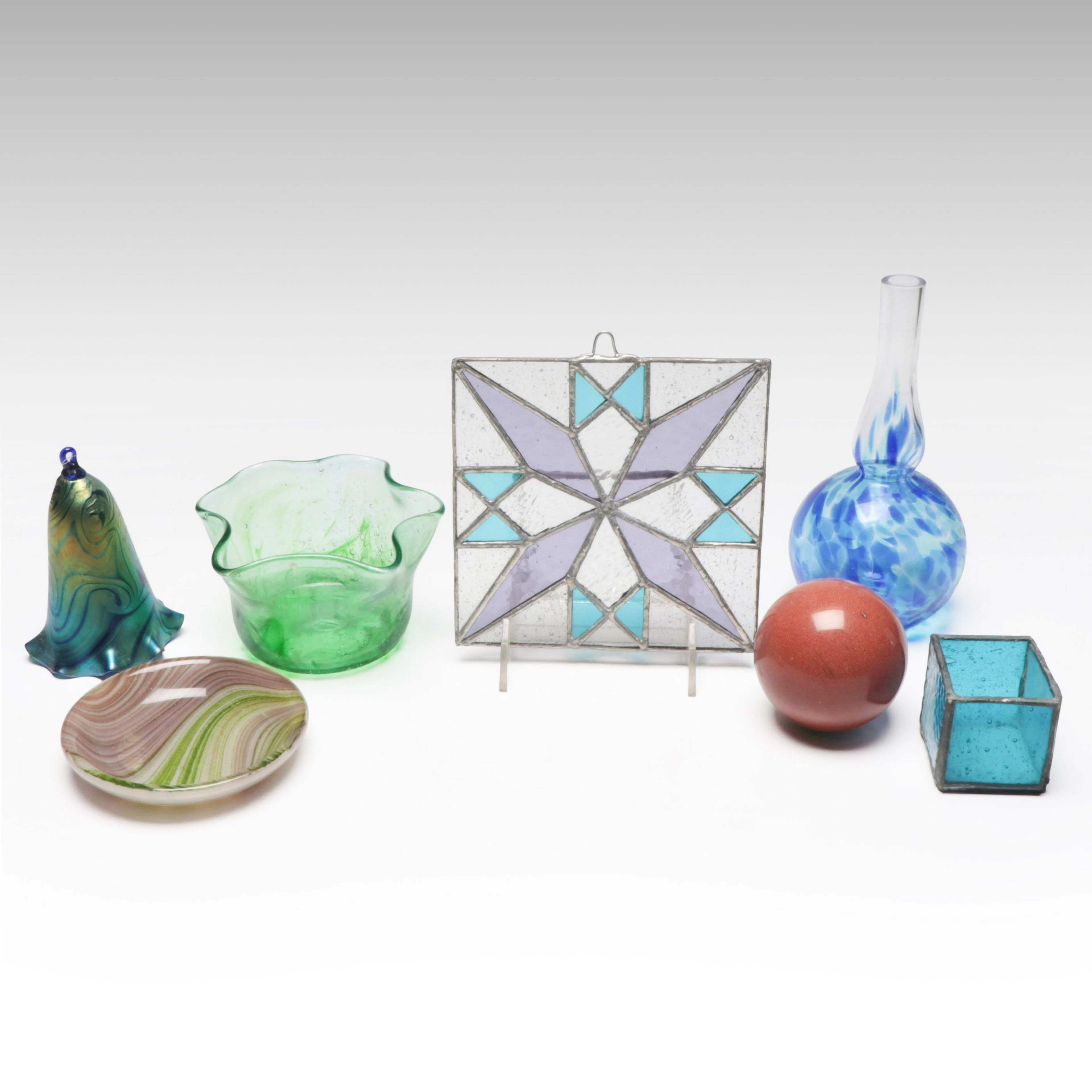 Stained Art Glass Panel, Handkerchief Glass Bowl, and More Glass Décor