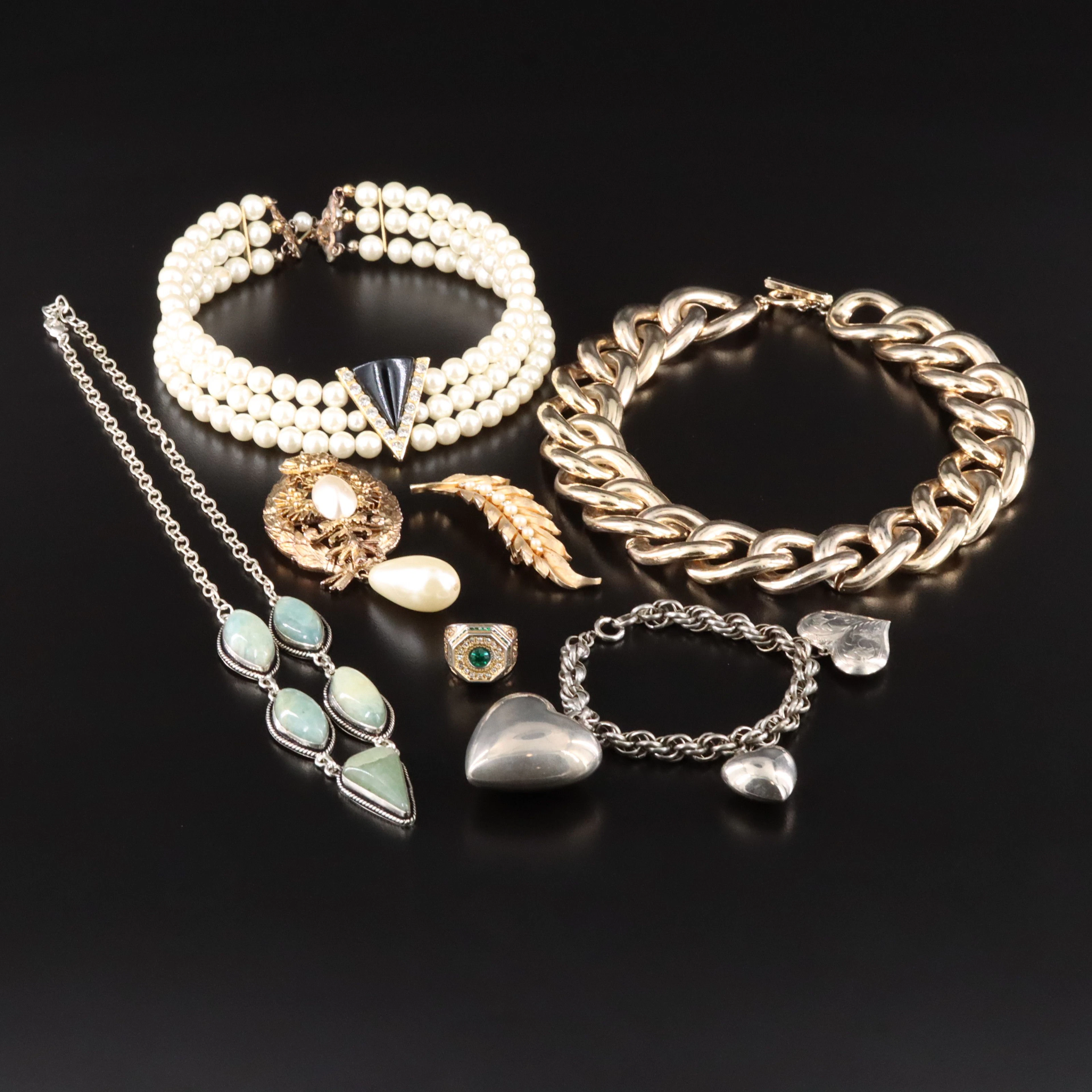 Crown Trifari Feather Brooch and Aquamarine Necklace Featured in Costume