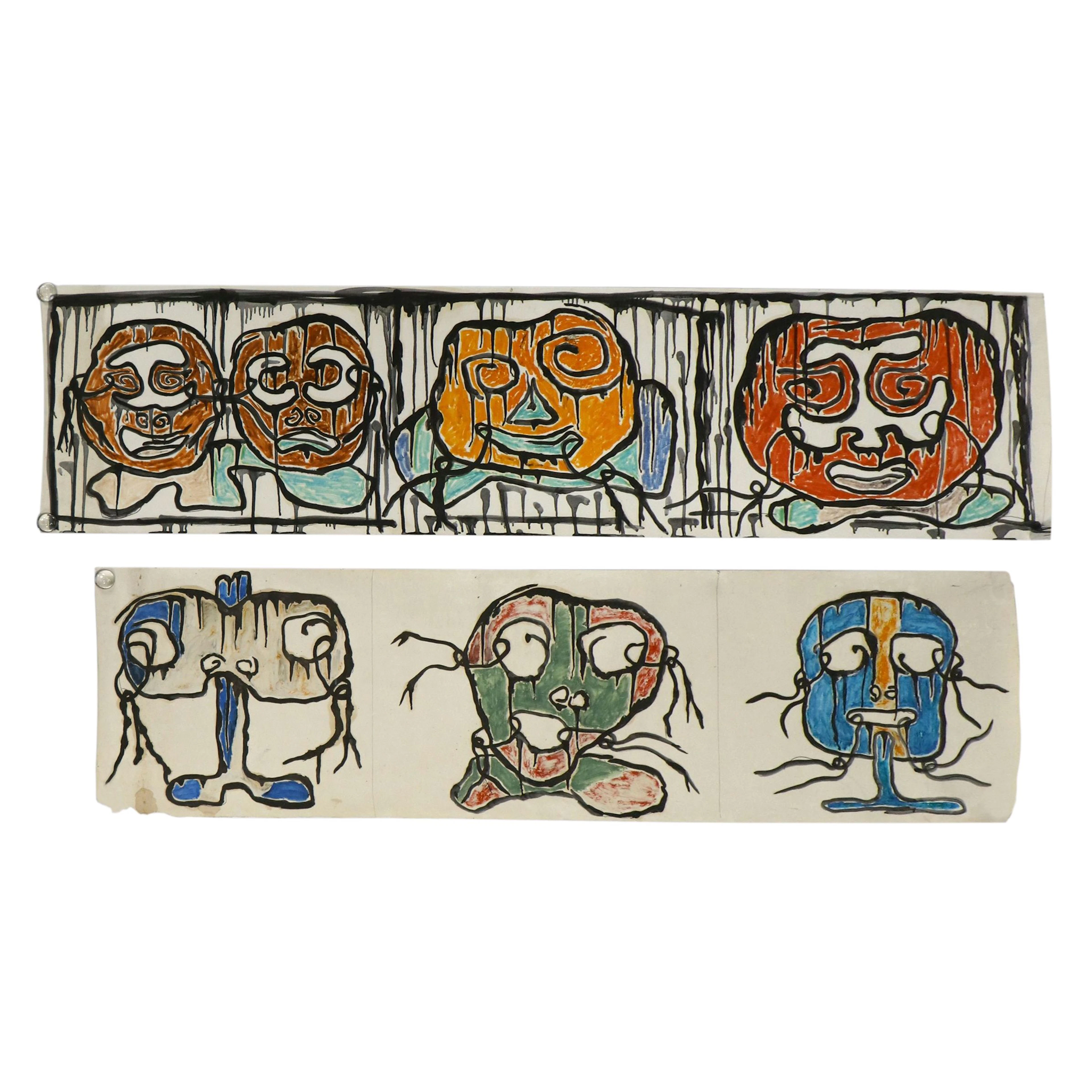 Achi Sullo Acrylic Paintings "Faces, Tribal" and Other, Late 20th to 21st C.