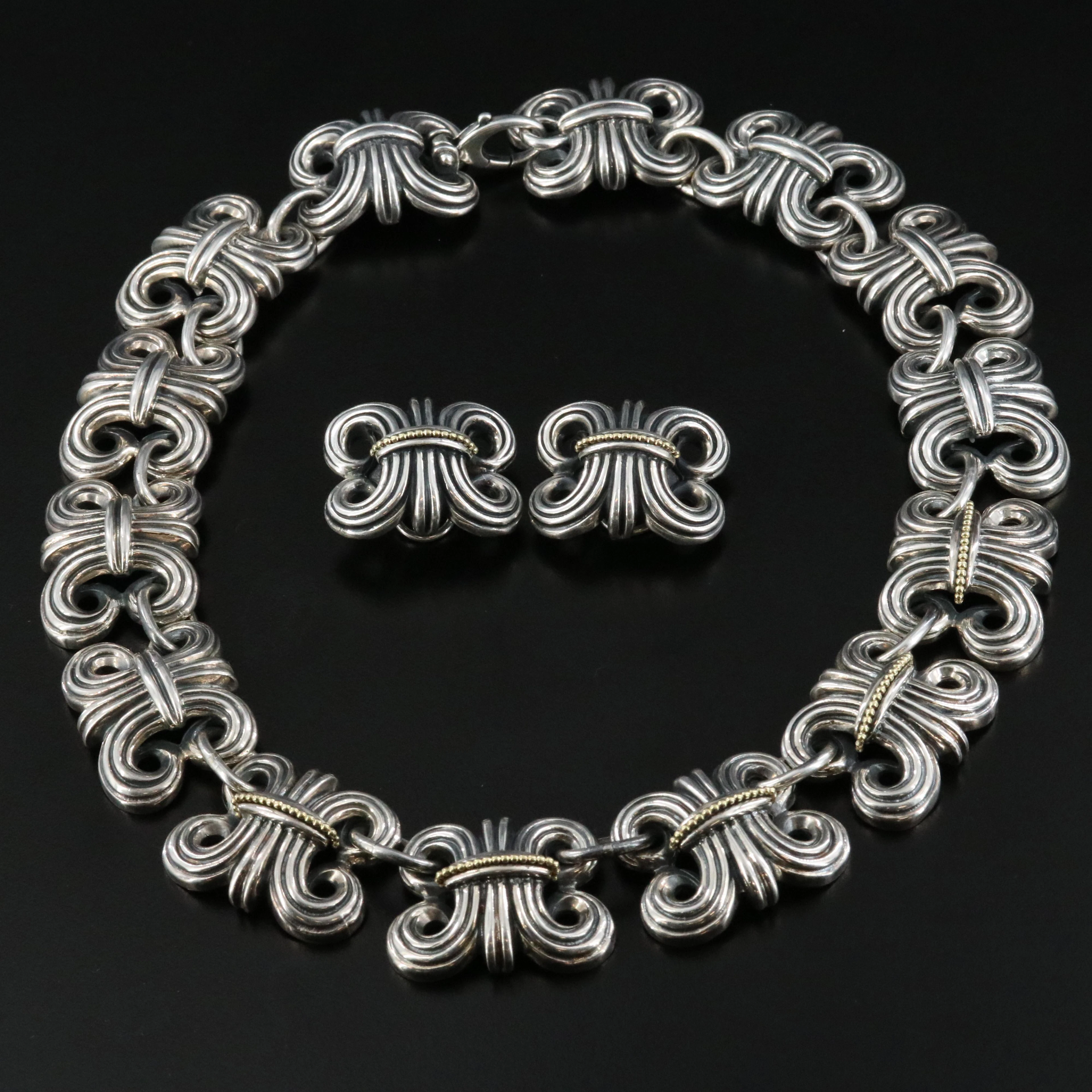 Lagos Caviar Fleur-de-Lis Sterling Clip Earrings and Necklace with 18K Accents