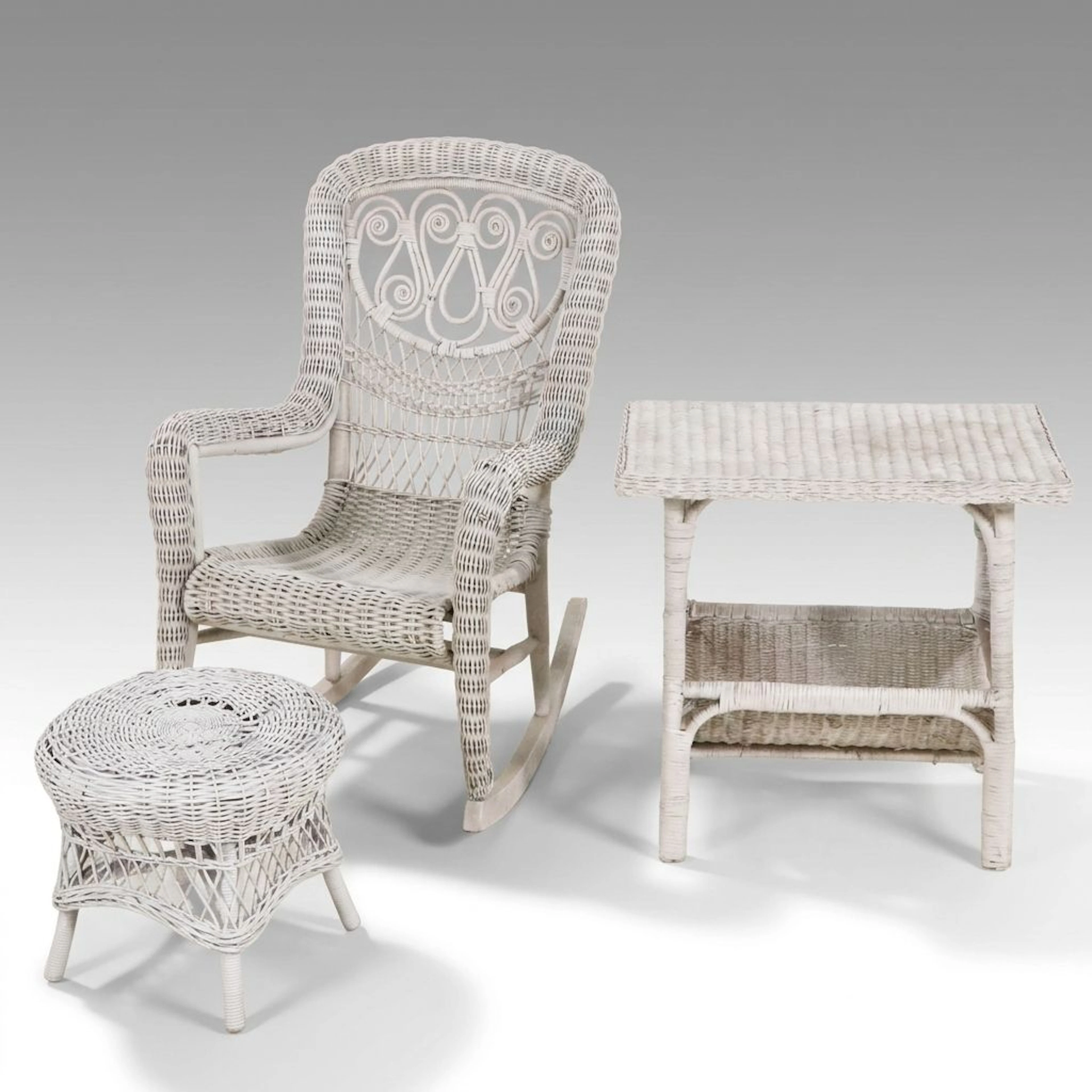 White-Painted Wicker Rattan Rocking Chair and Ottoman with End Table