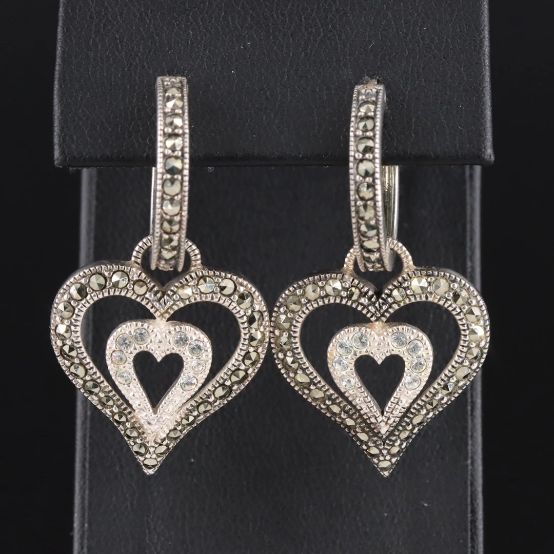 Judith Jack Sterling Rhinestone Hoop Earrings with Heart Earring Enhancers