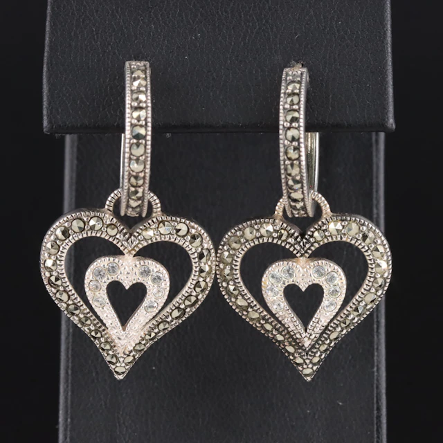 Judith Jack Sterling Rhinestone Hoop Earrings with Heart Earring Enhancers