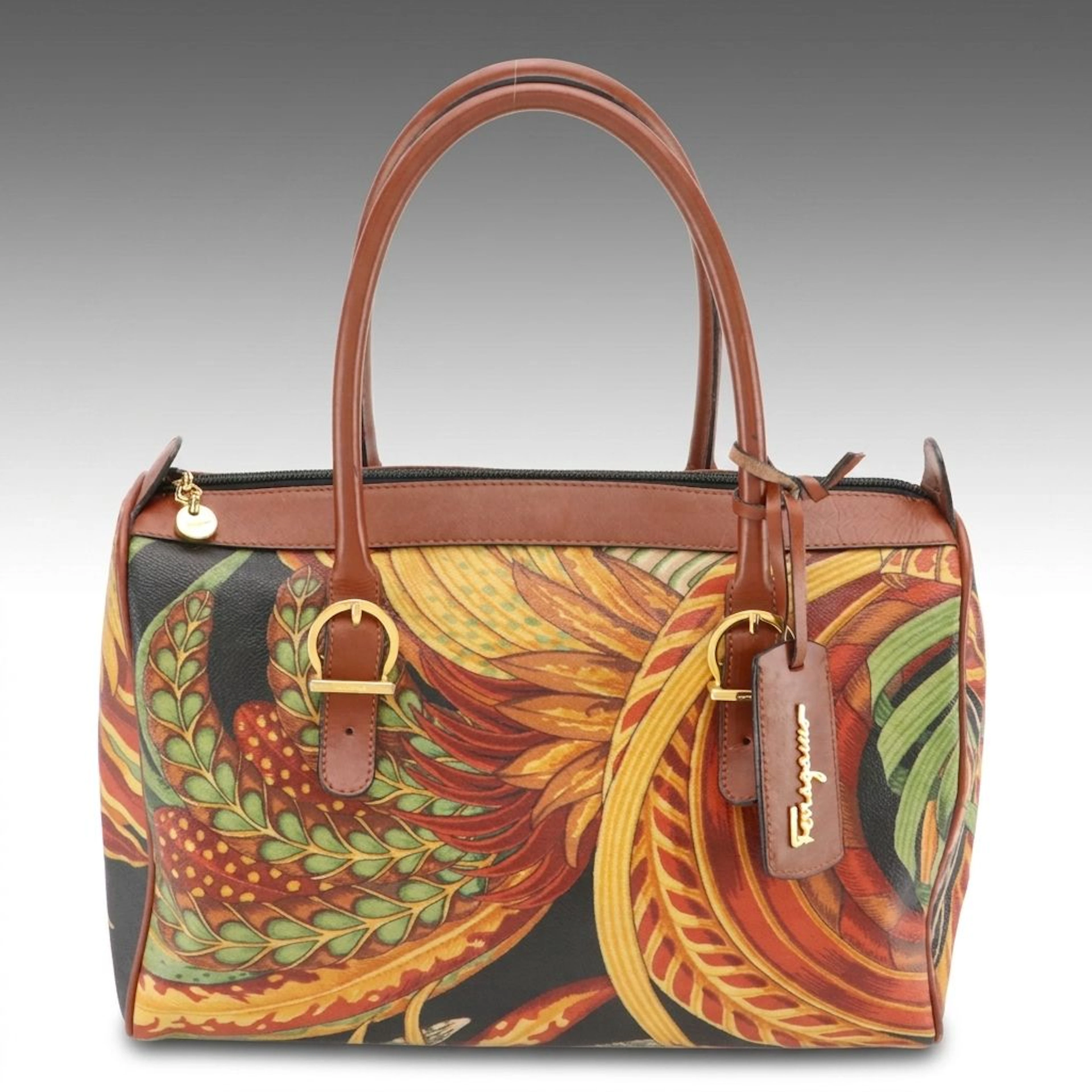 Salvatore Ferragamo Botanical Print and Leather Tote Bag with Gancini Hardware