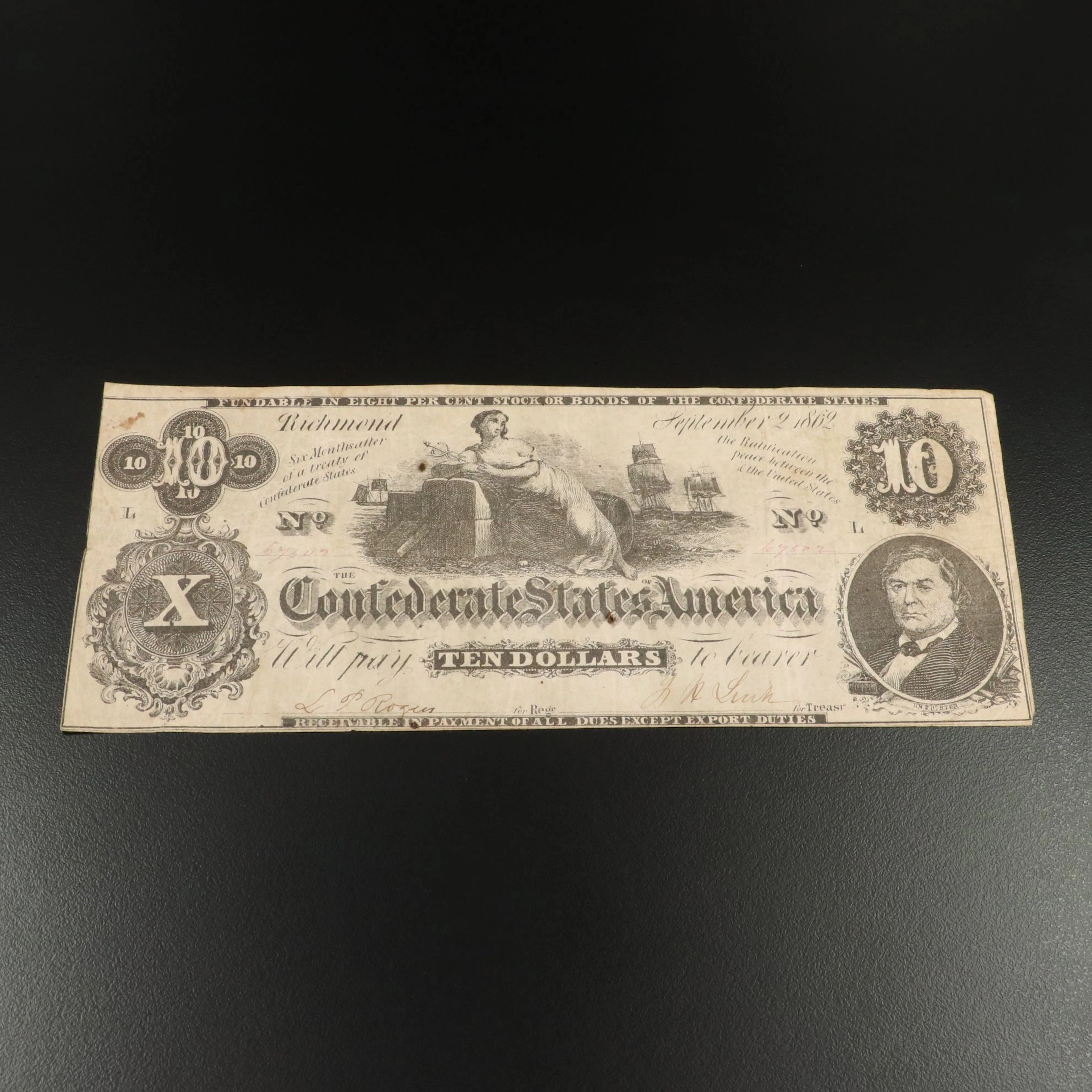 1862 $10 Confederate States of America Obsolete Currency Note
