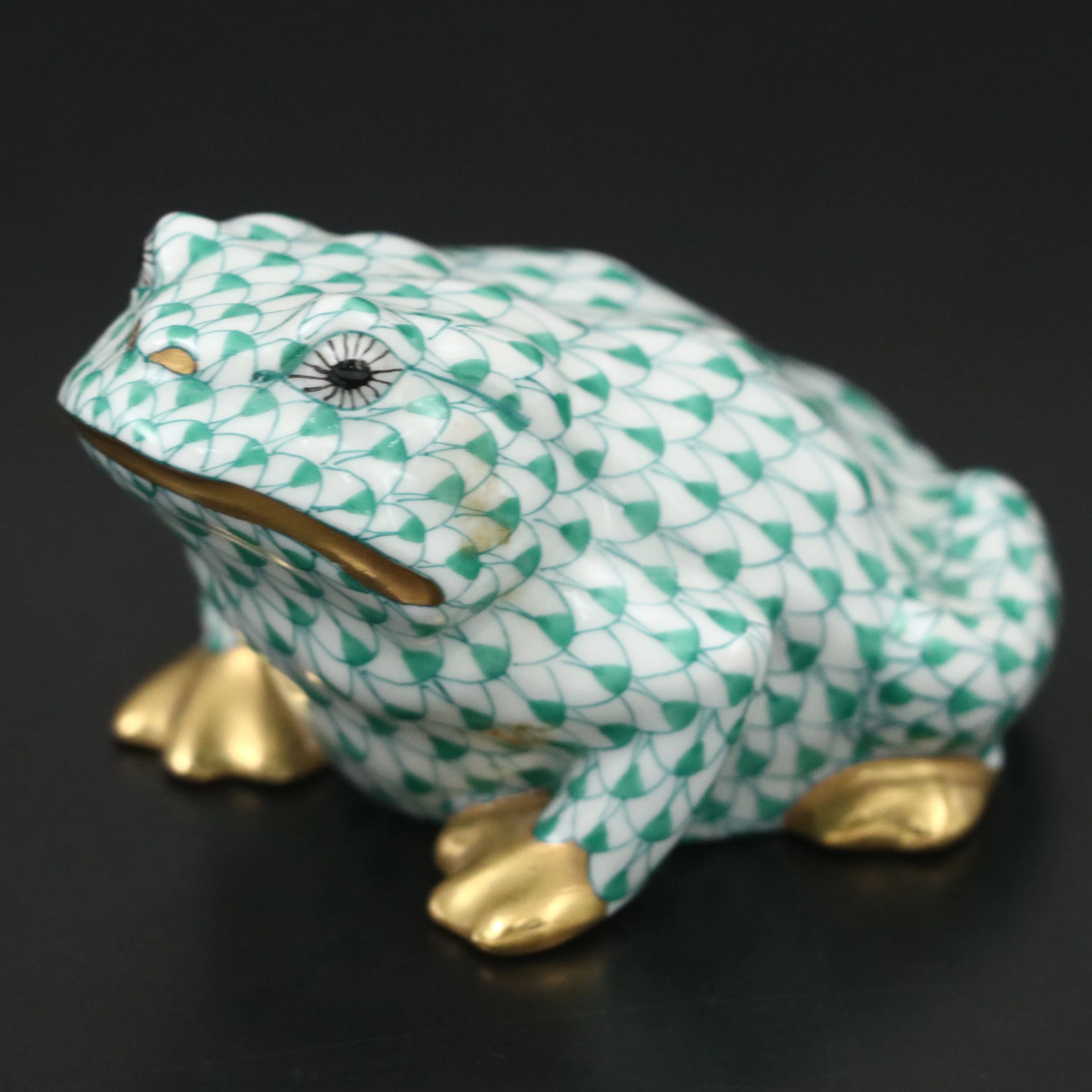 Herend Green Fishnet with Gold "Frog" Porcelain Figurine