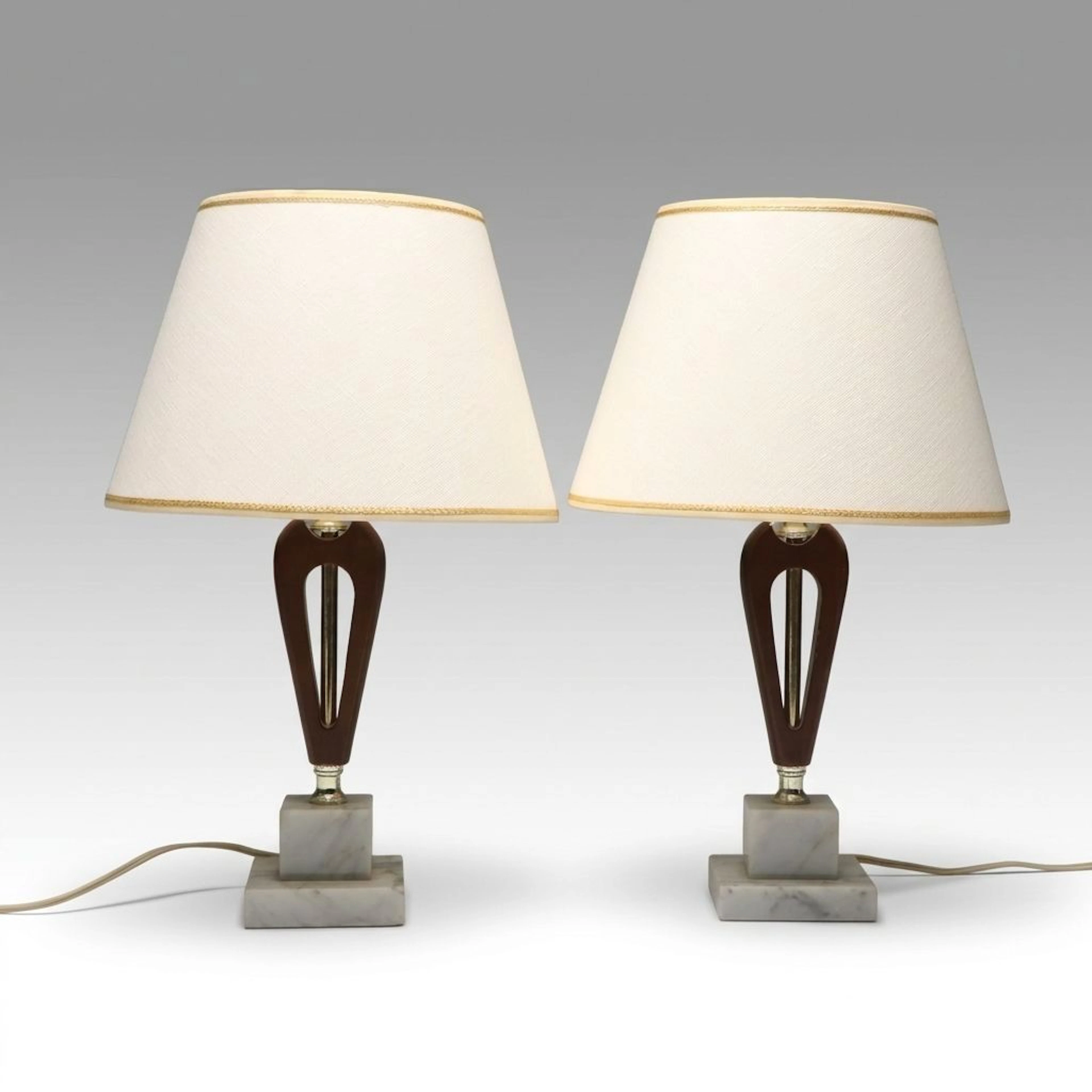 Carved Wood and Marble Table Lamp Pair