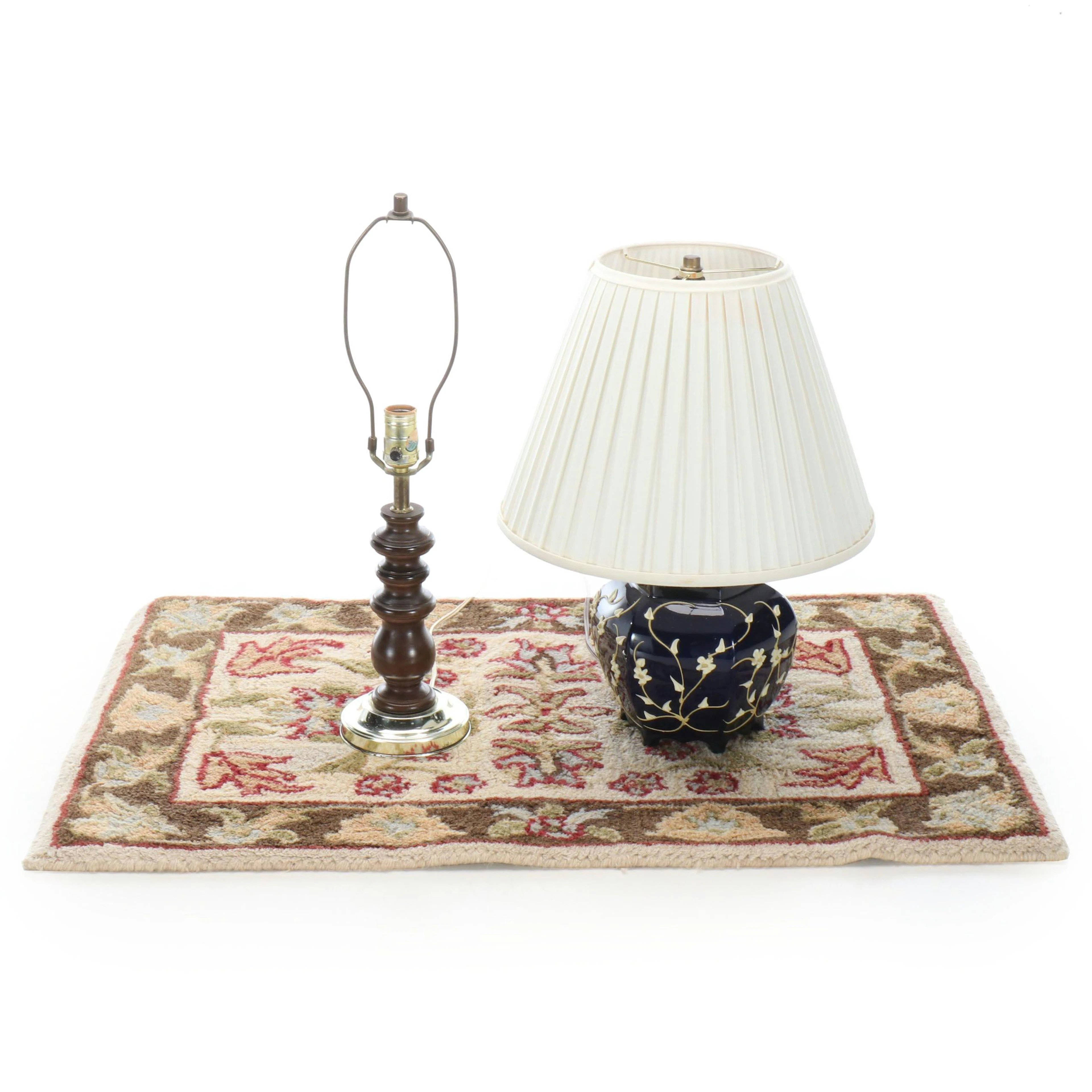 Floral Relief Ceramic and Wooden Table Lamps with Hand-Tufted Wool Accent Rug