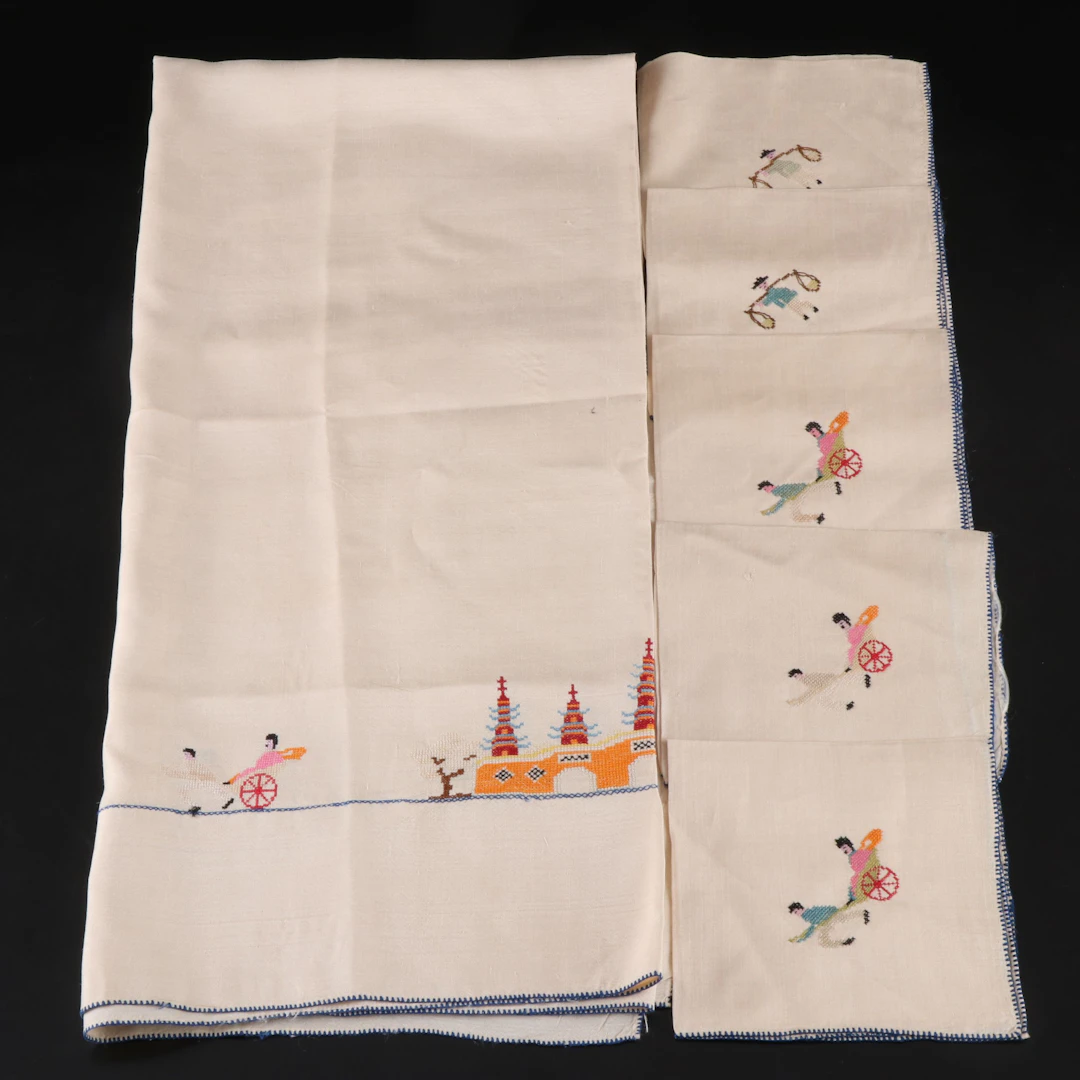Chinoiserie Cross-Stitch Linen Tablecloth and Napkins