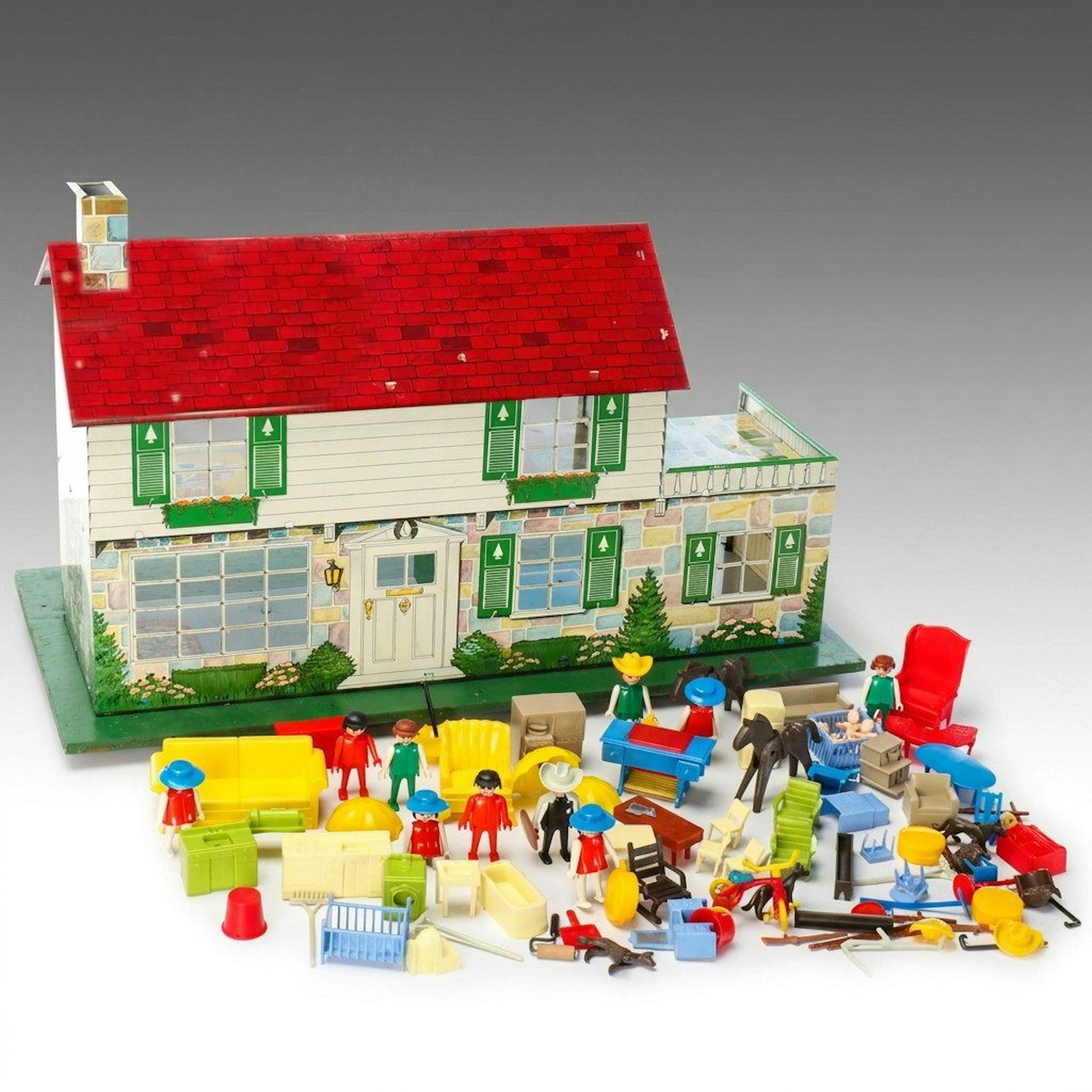Louis Marx & Co. Tin Litho Dollhouse, Furniture with Playmobil Figures, Vintage