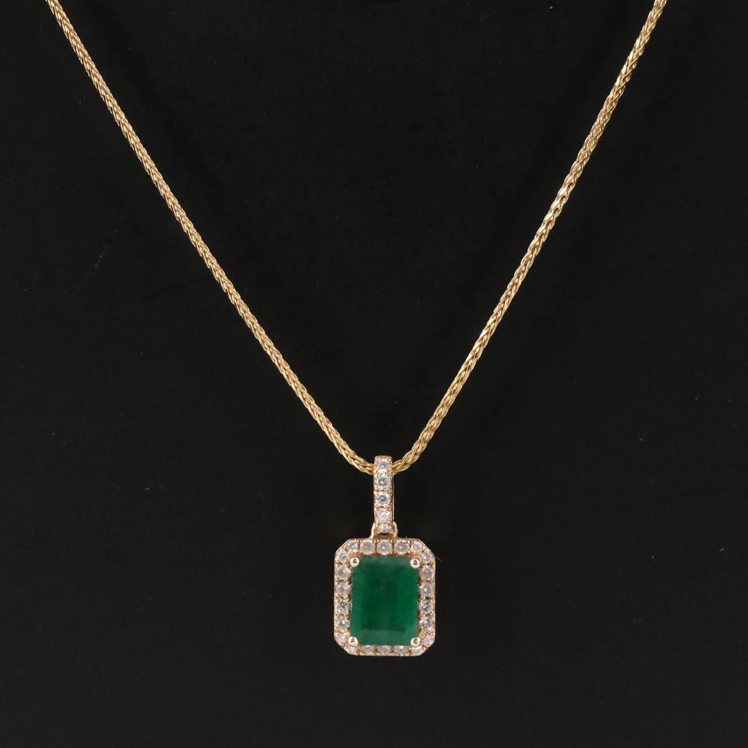 EFFY 14K 1.19 CT Emerald and Diamond Pendant on Chain Necklace