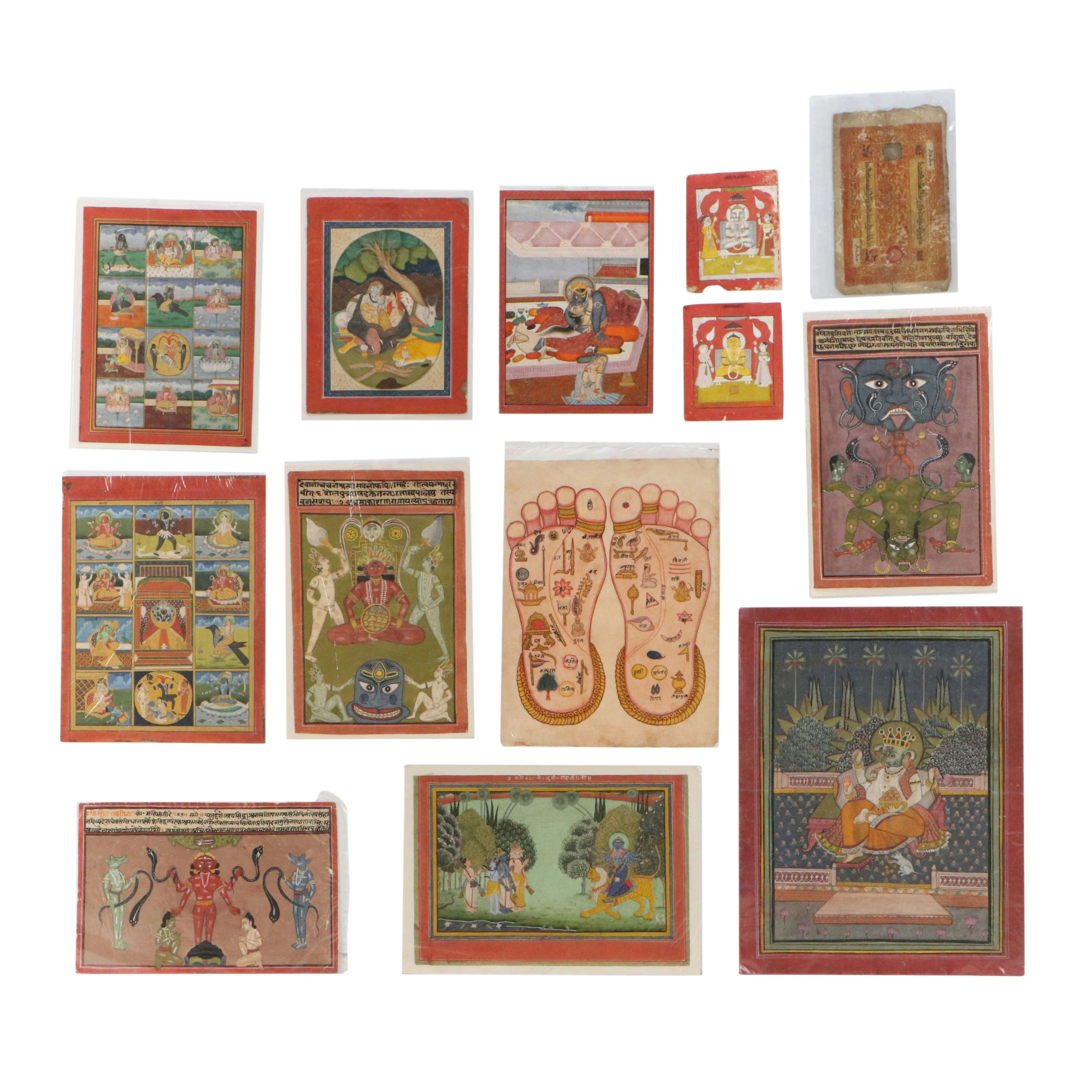 Collection of Figural Dharmic Gouache Paintings and Tibetan Bank Notes