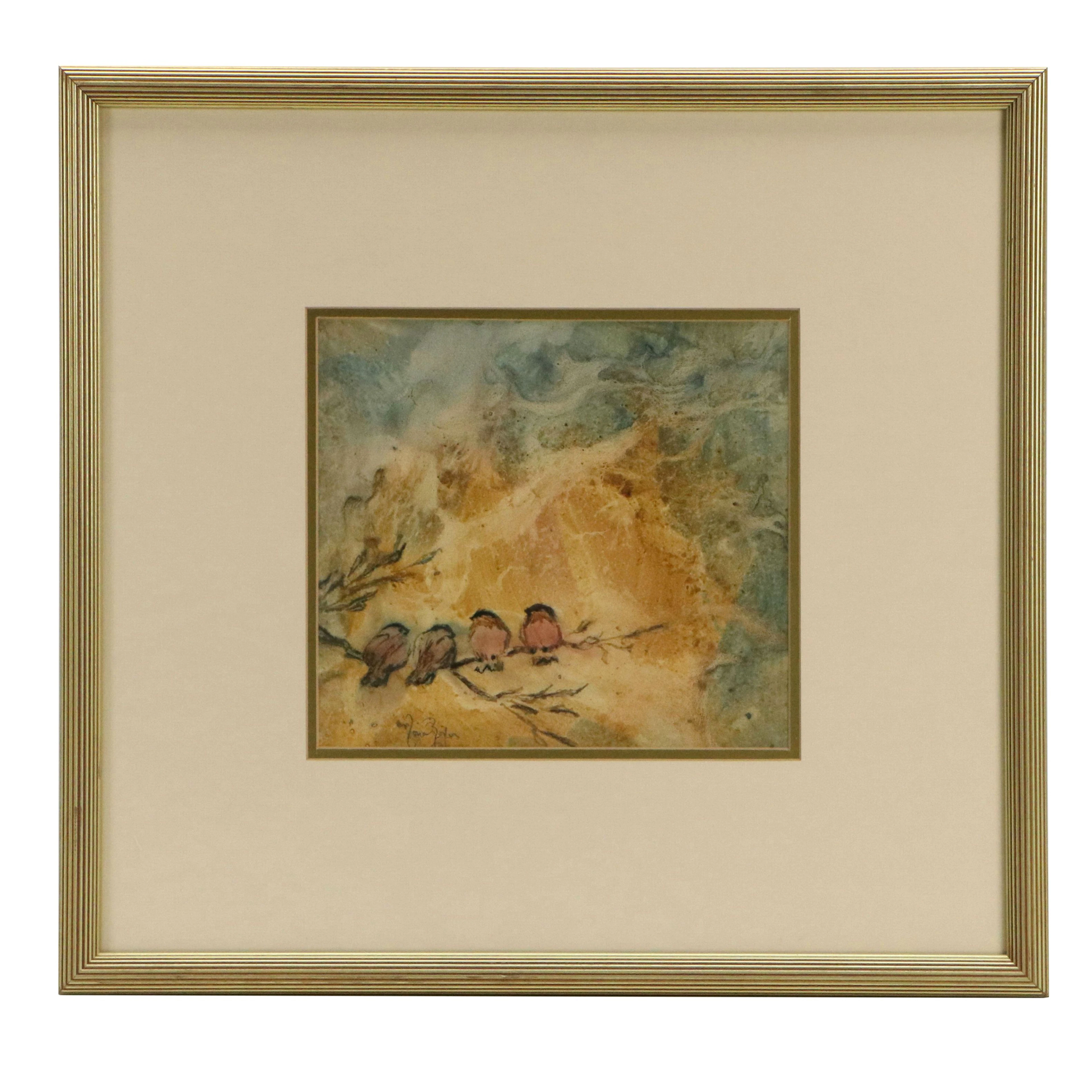 Mona Royer Stylized Watercolor Painting of Birds on Branch