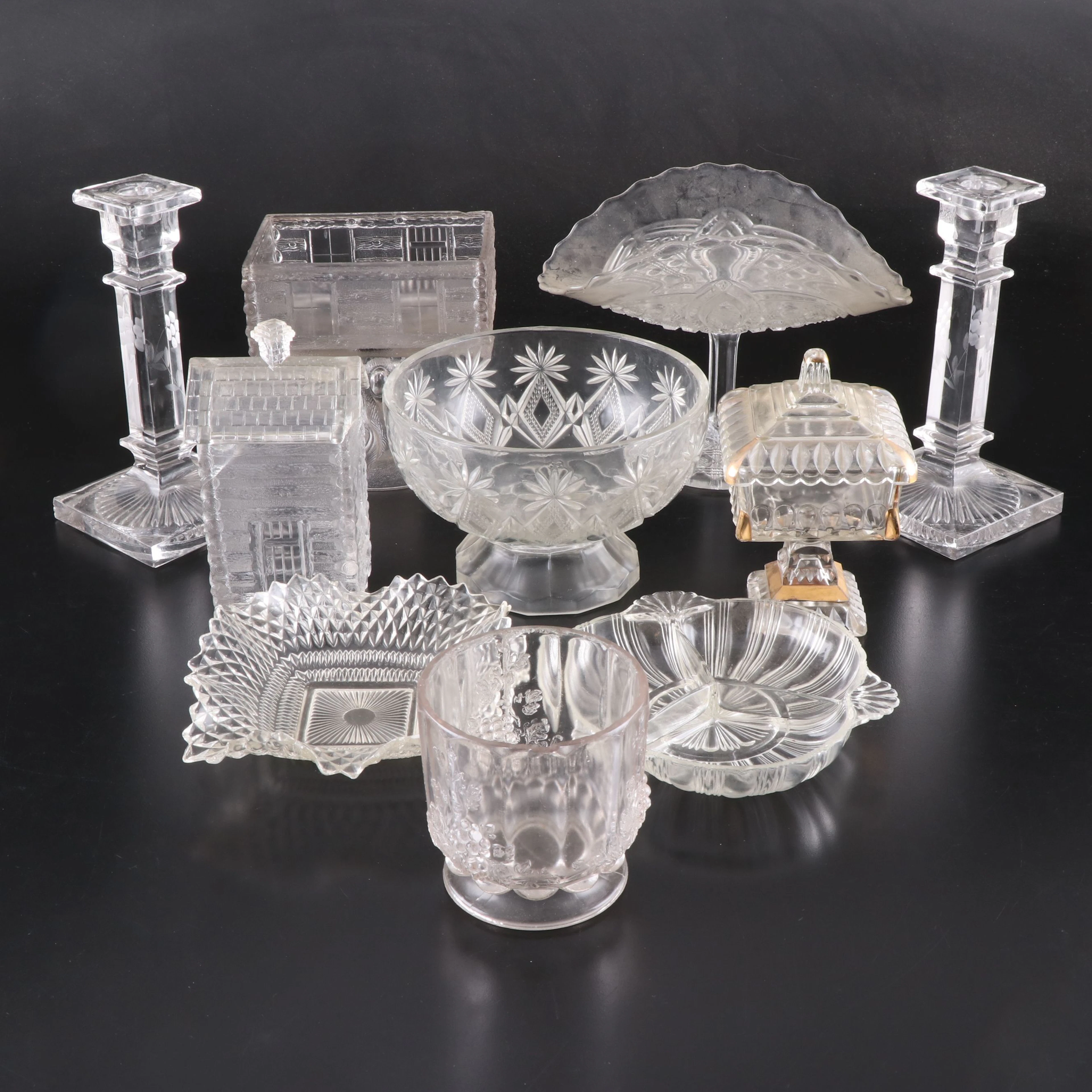 Central Glass Works "Log Cabin" Open Sugar with Other Pressed Glass