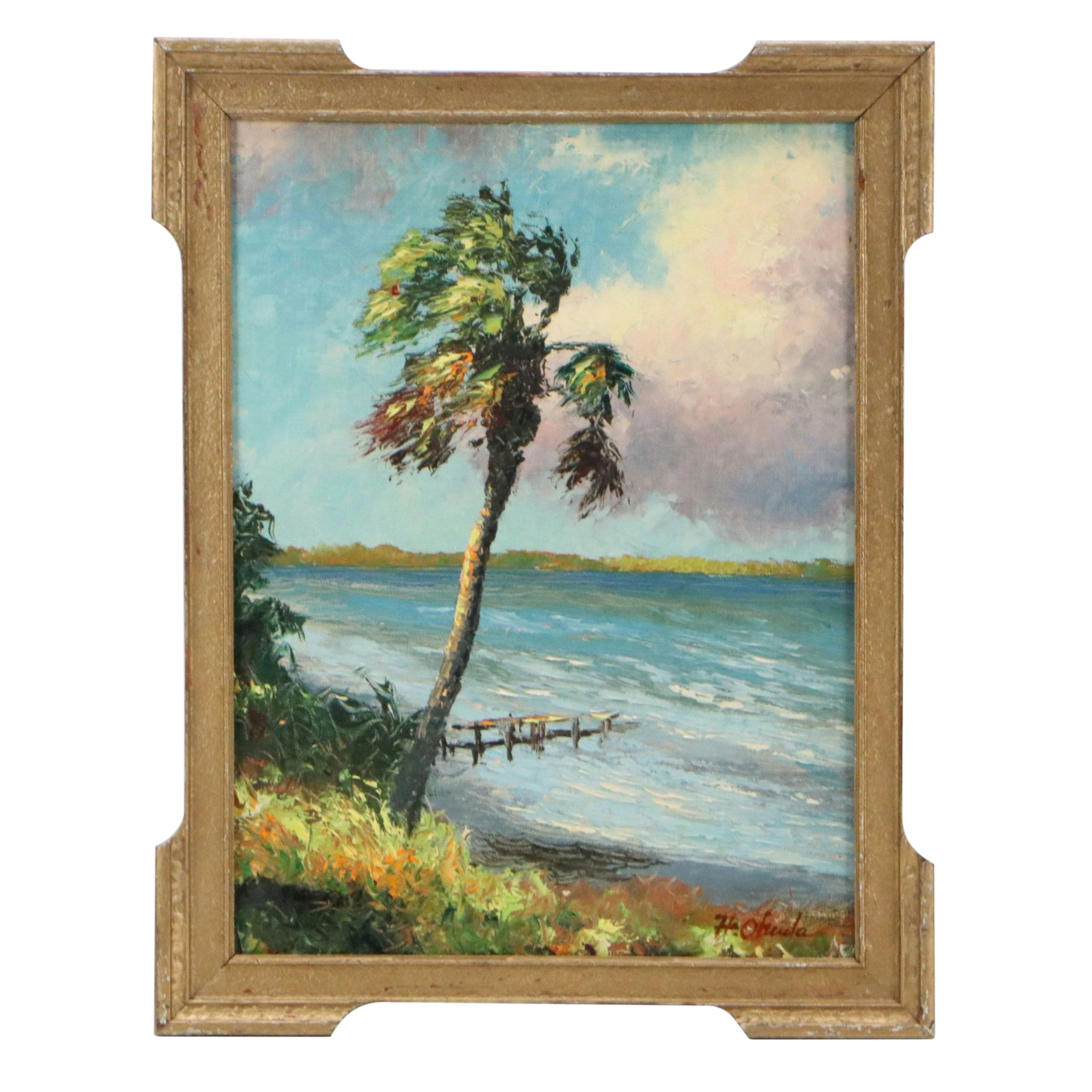 Hajime Okuda Oil Painting of Palm Tree in Coastal Breeze, Mid-20th Century