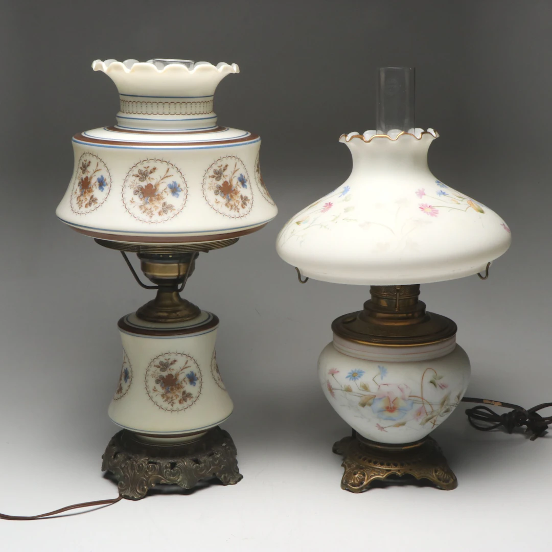 Quoizel and Other Victorian Style Parlor Lamps with Milk Glass Shades