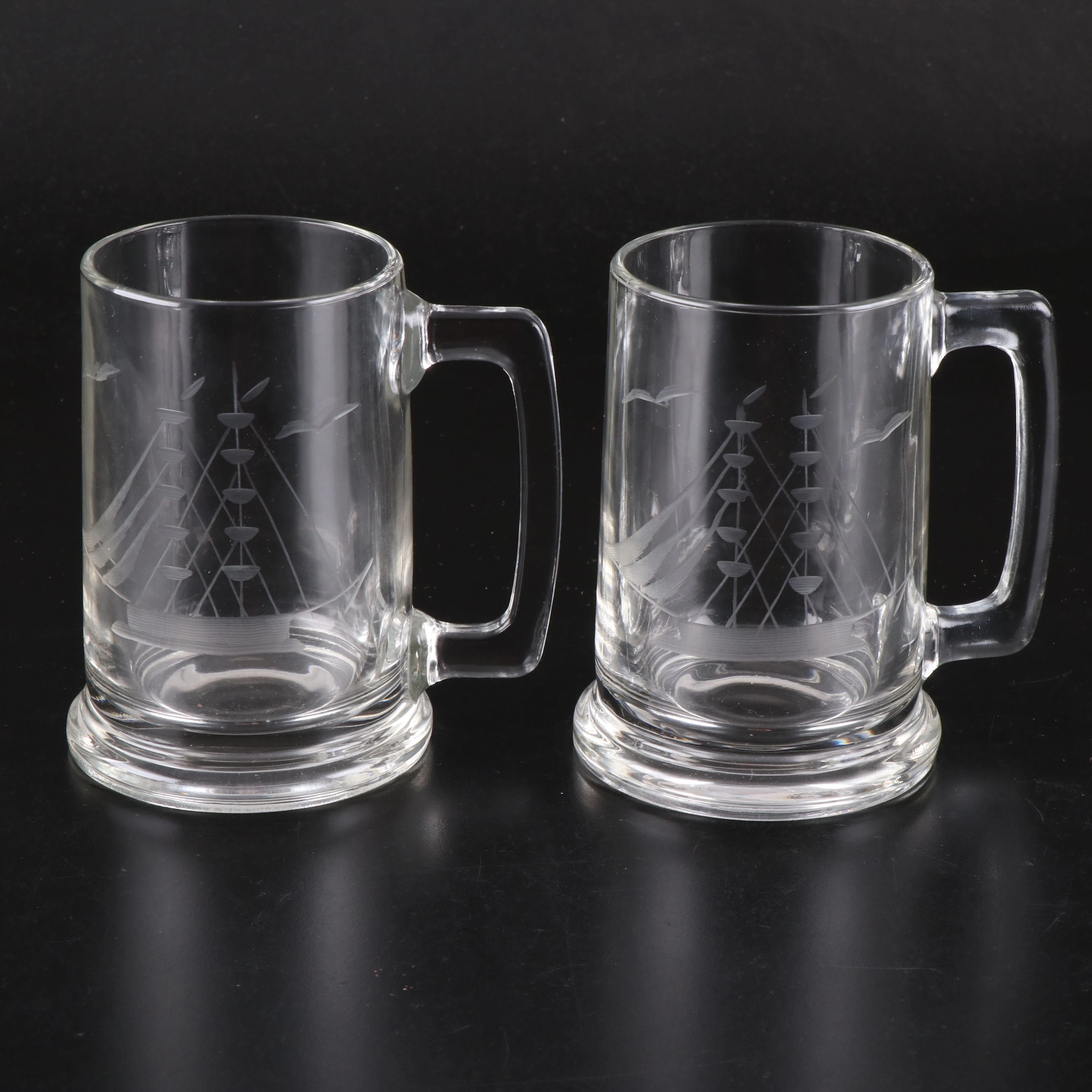 Etched Glass Sailing Ship Steins