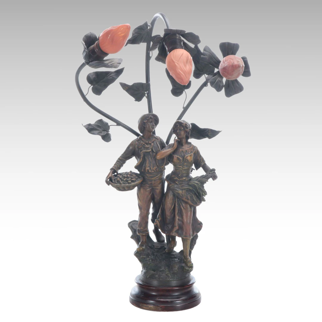 Art Nouveau Patinated Metal Table Lamp After Géo Maxim "La Causette aux Champs"