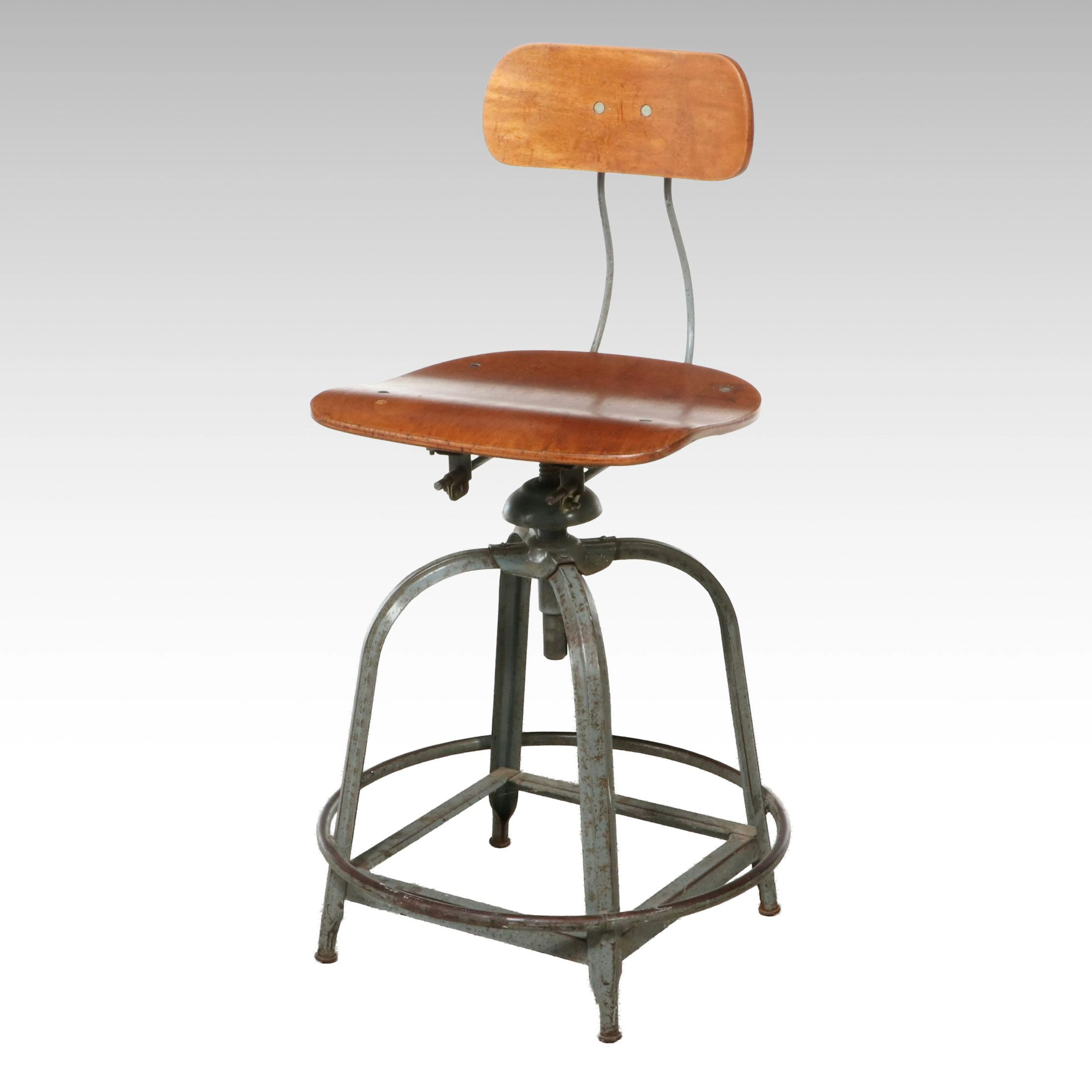 Adjustable Maple and Metal Drafting Stool, Style of Toledo Metal Furniture Co.