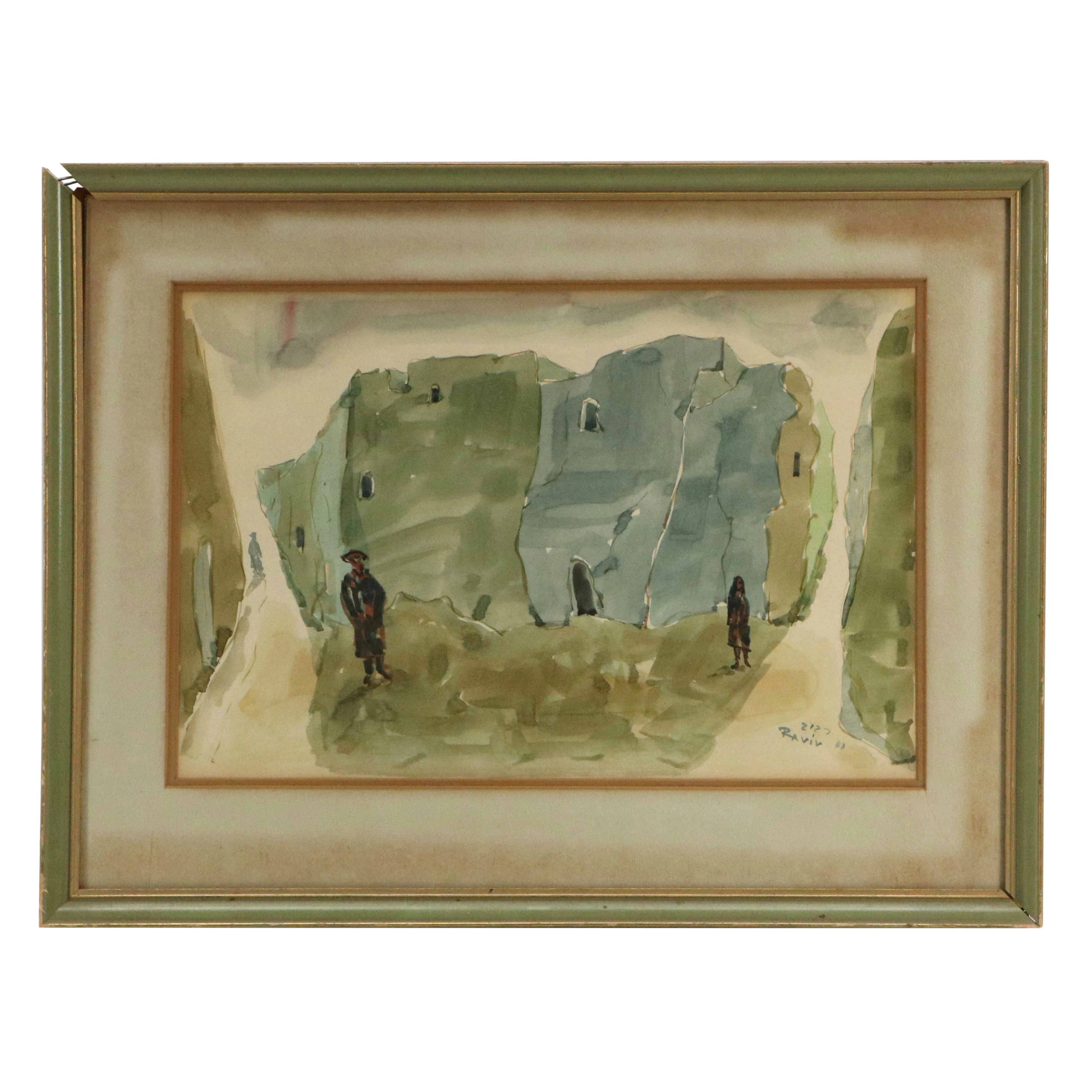 Moshe Raviv Watercolor Painting of Streetscape, 1987