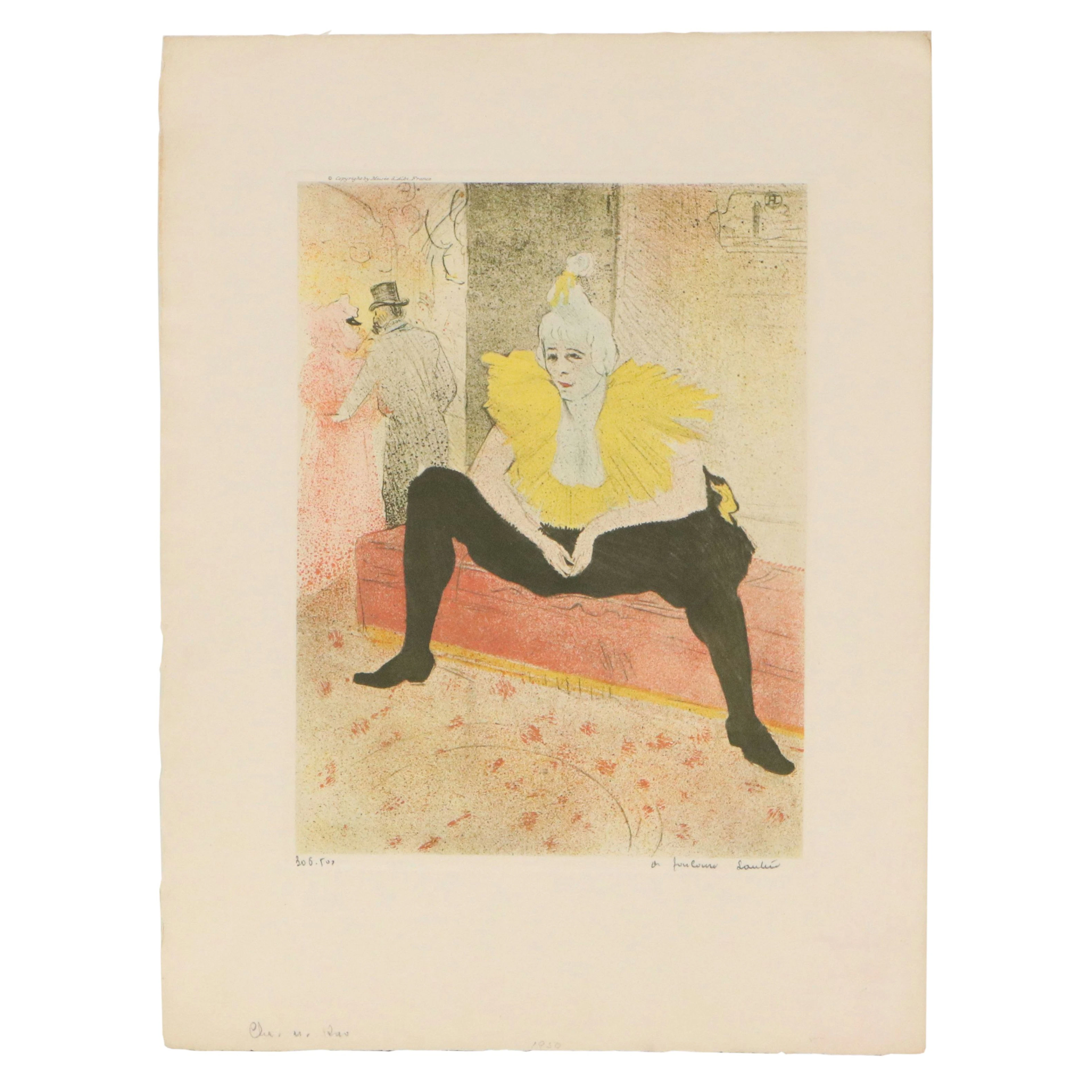 After Henri de Toulouse Color Etching "The Seated Clowness," 1950