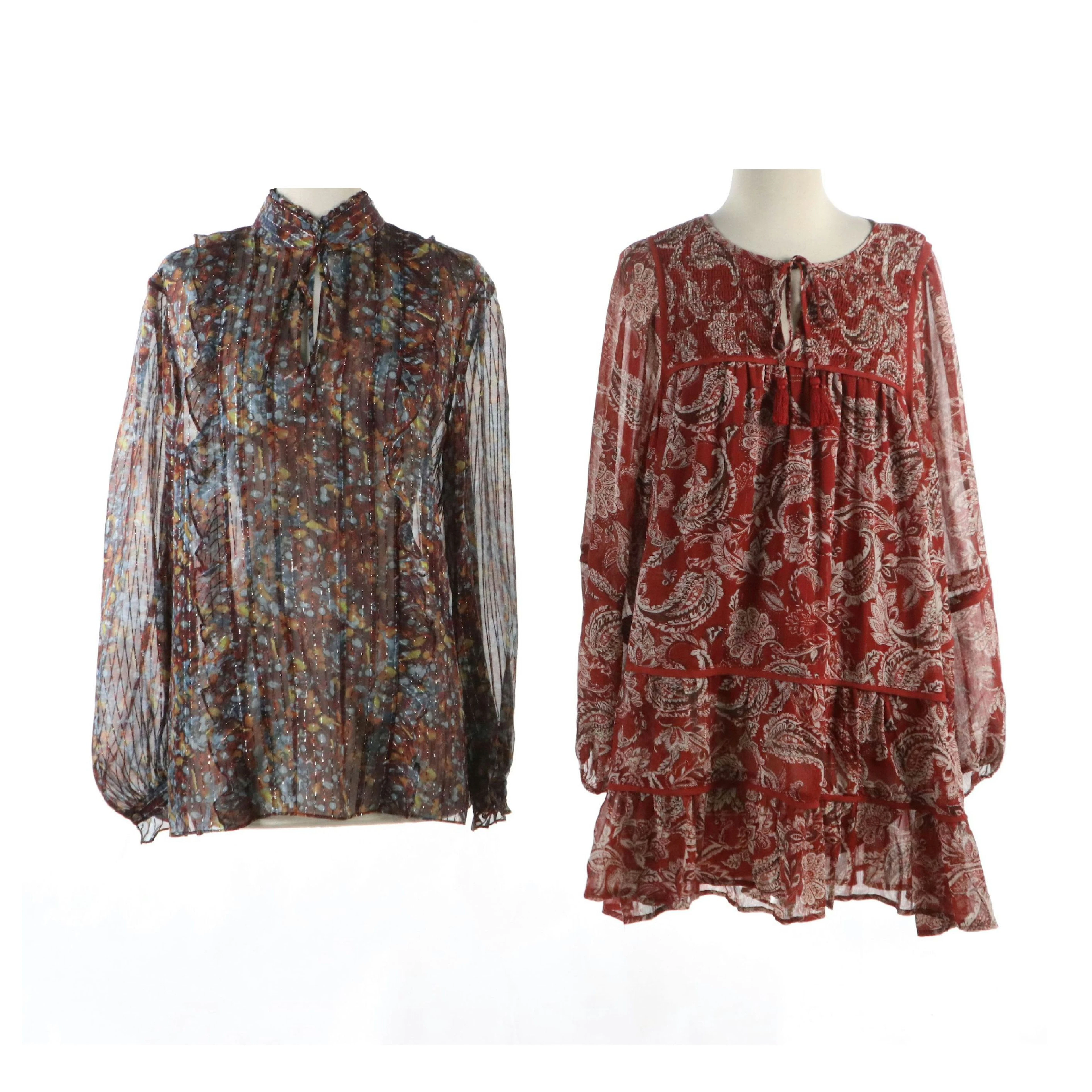 Lafayette 148 Silk Long Sleeve Blouse and Blue Rain Paisley Printed Mini Dress