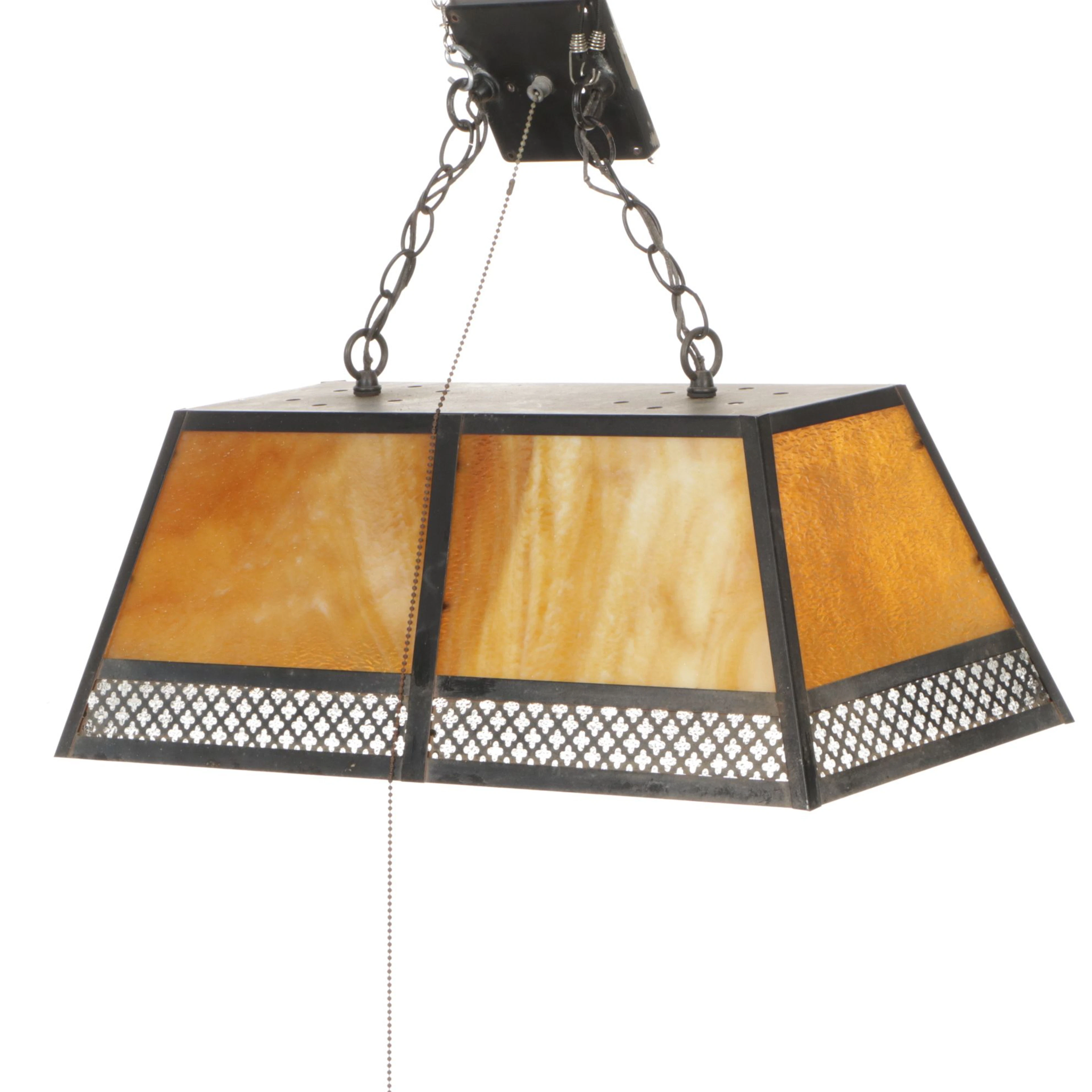 Mission Style Slag Glass Linear Pendant Light, Mid to Late 20th Century
