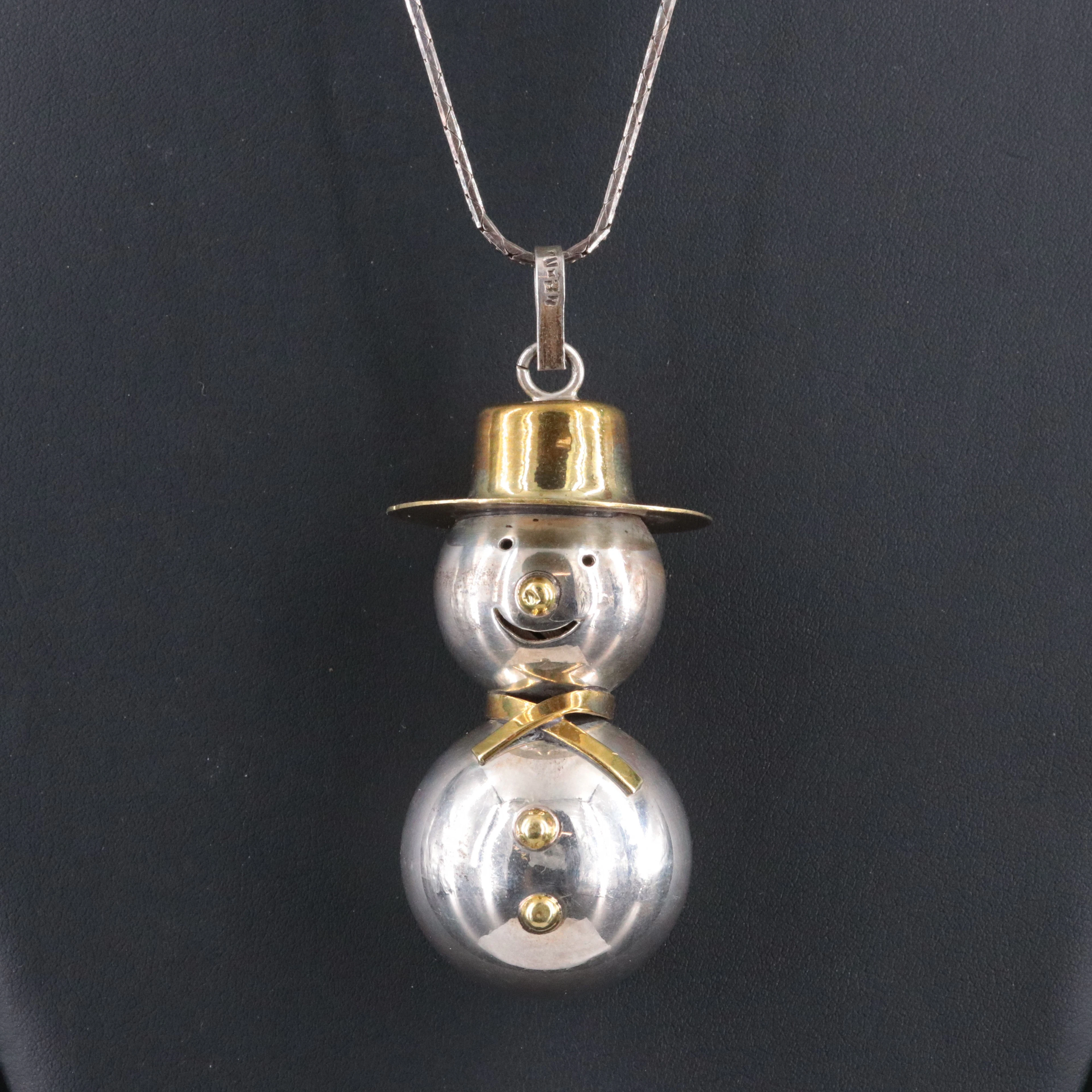 Mexican Sterling Snowman Bell Necklace with Brass Accents