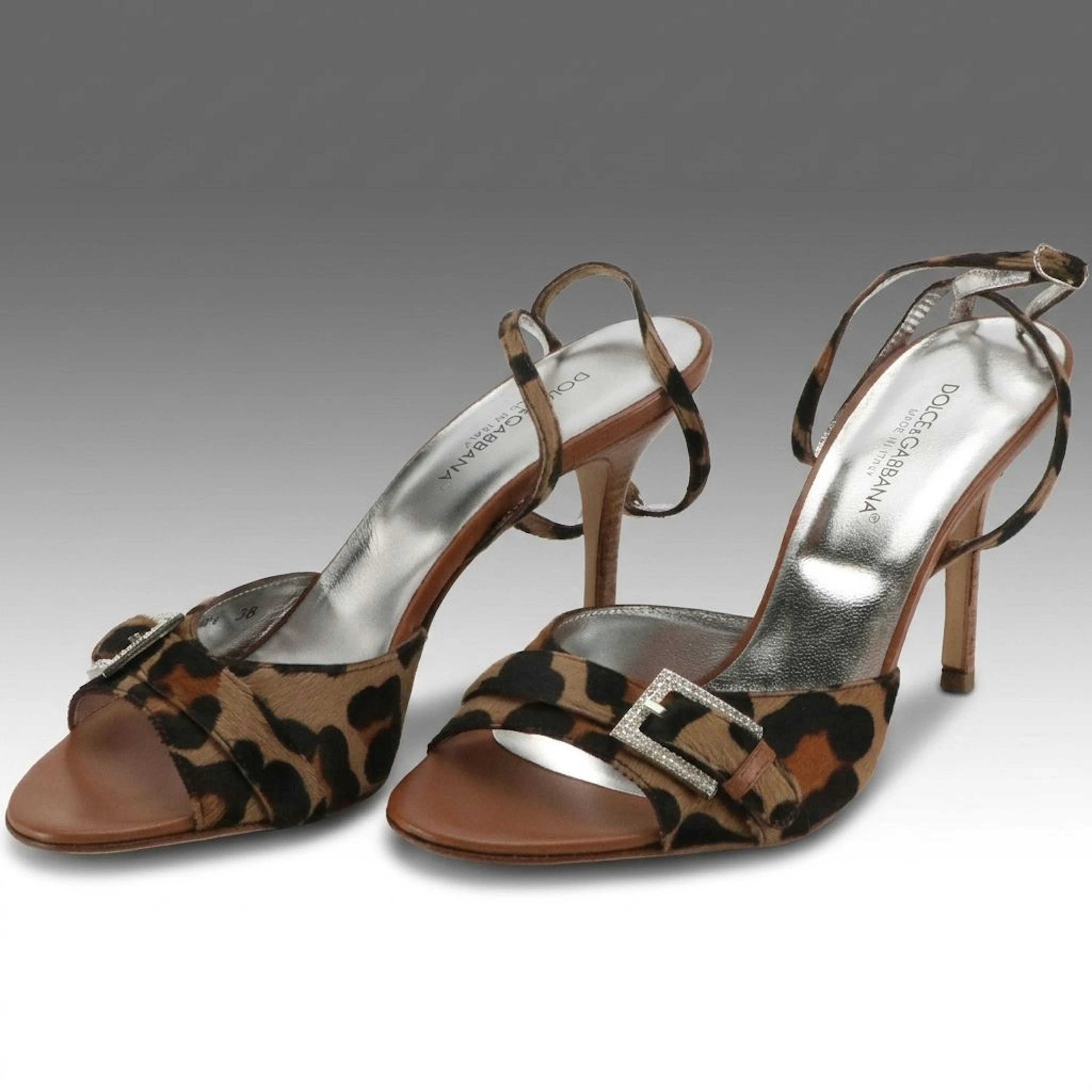 Dolce & Gabbana Leopard Calf Hair/Brown Leather Crystal Buckle Sandals with Box