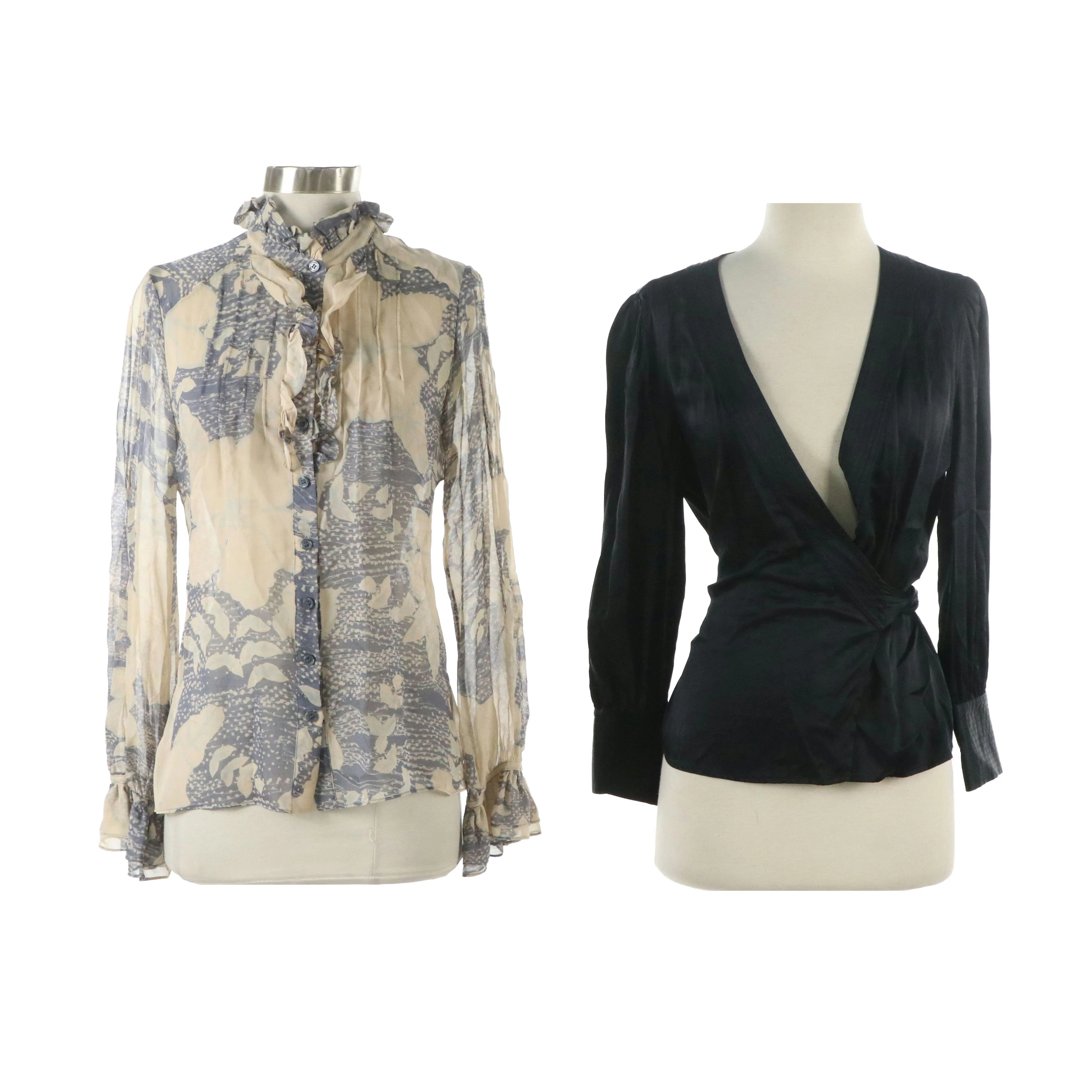 Diane Von Furstenberg Black Silk Wrap Blouse and Silk Printed Button-Up Blouse