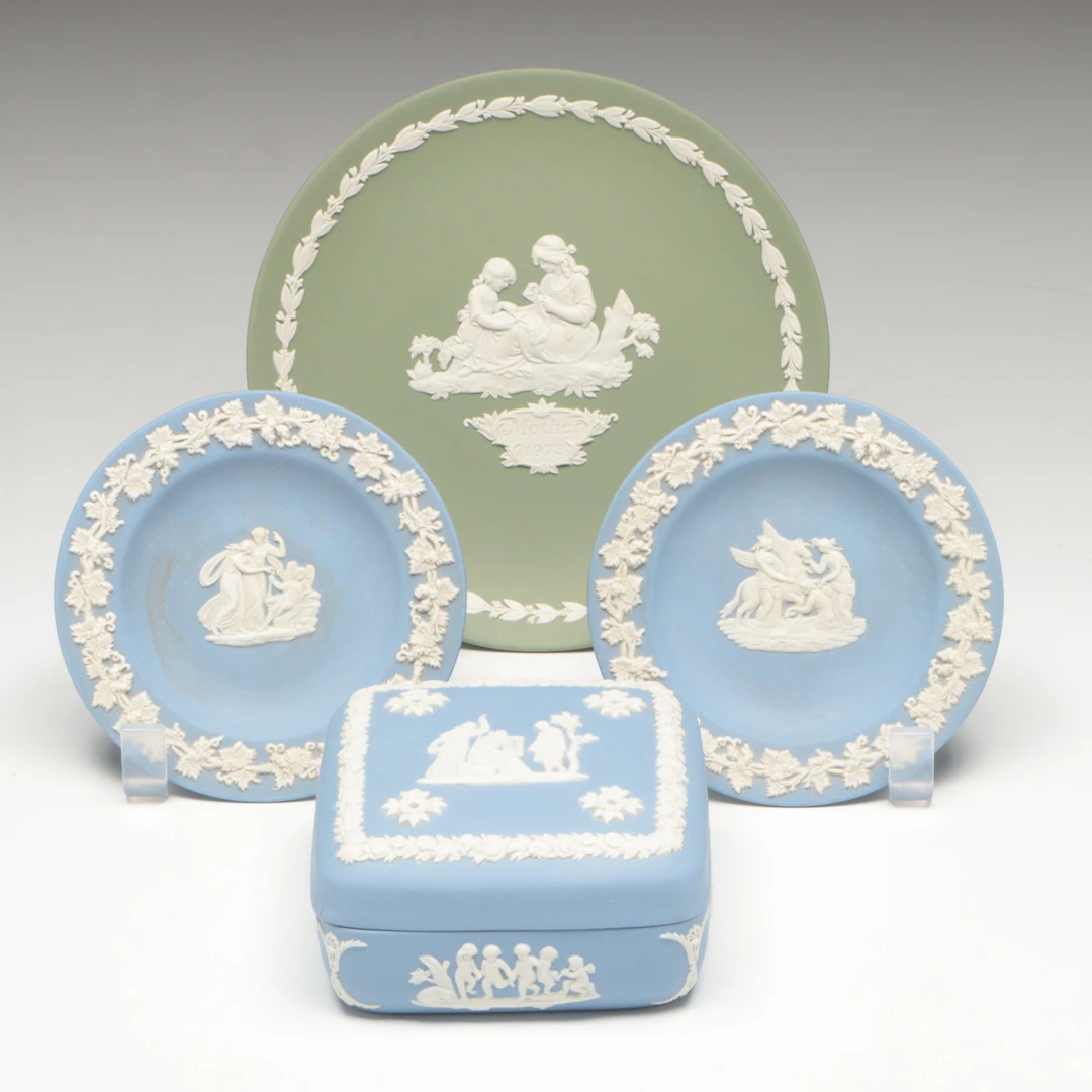Wedgwood Blue Jasperware Box and Dishes with Green Jasperware Plate