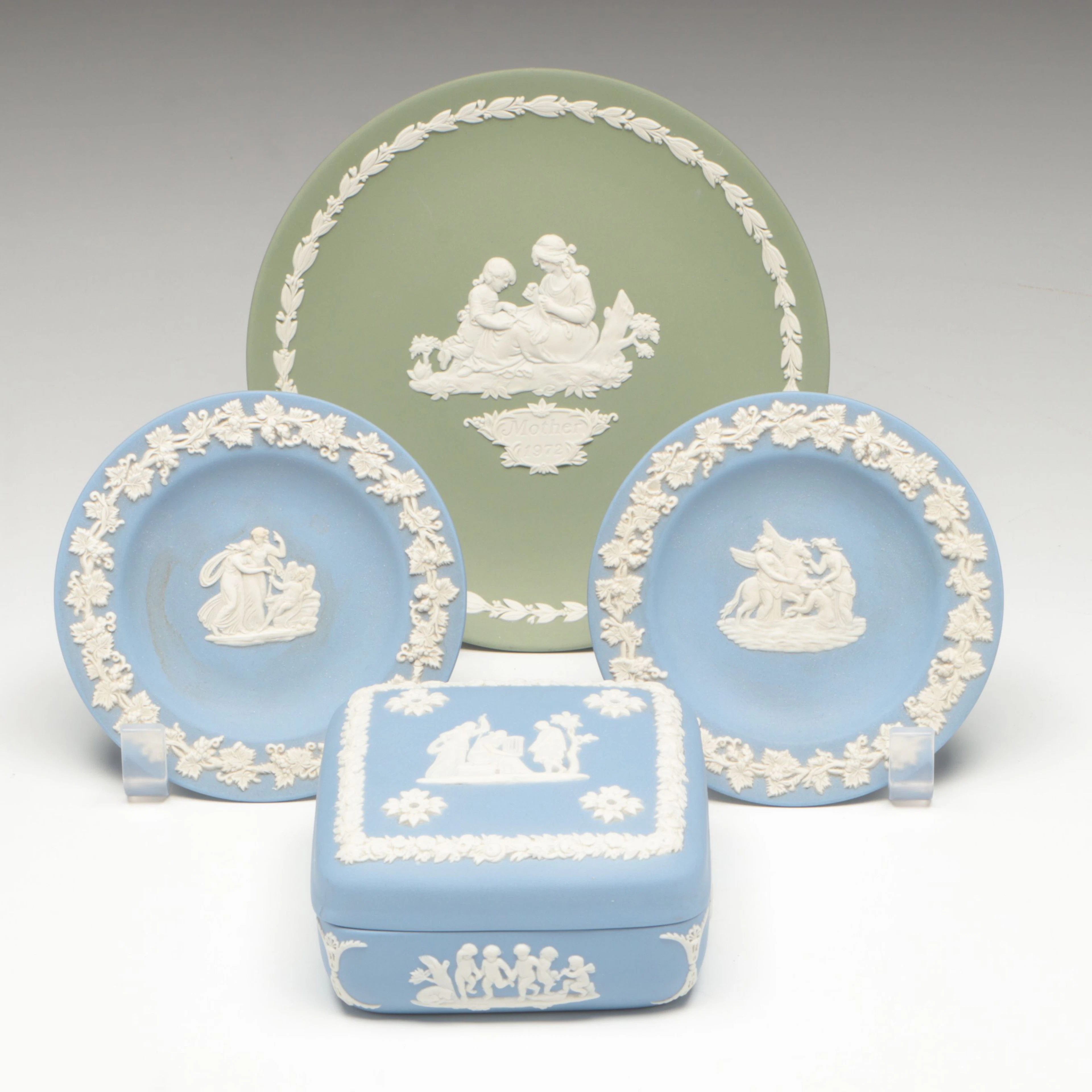 Wedgwood Blue Jasperware Box and Dishes with Green Jasperware Plate