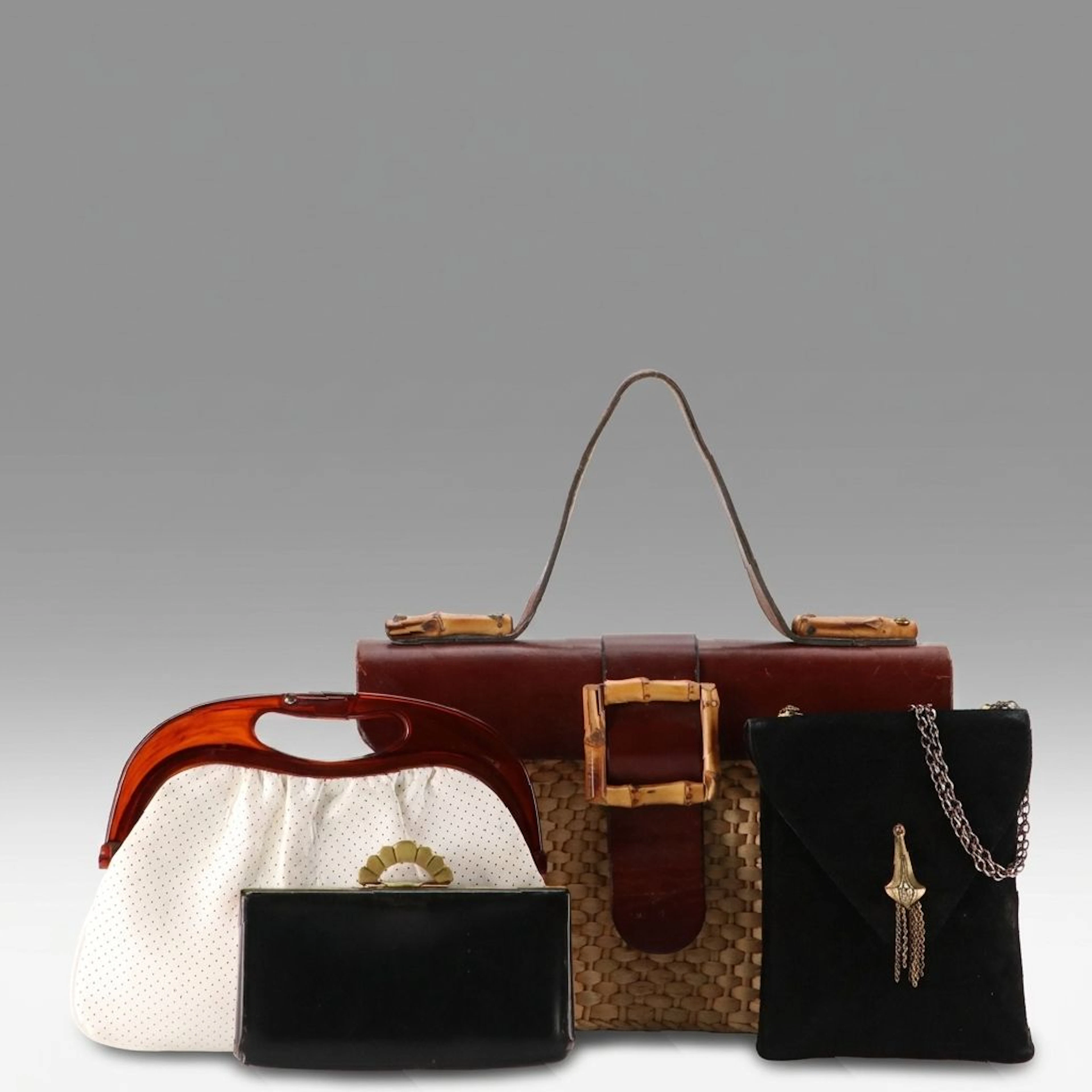 Woven Straw Bamboo Bag, Leather/Suede Evening Bags, and Cut-Out Handle Purse