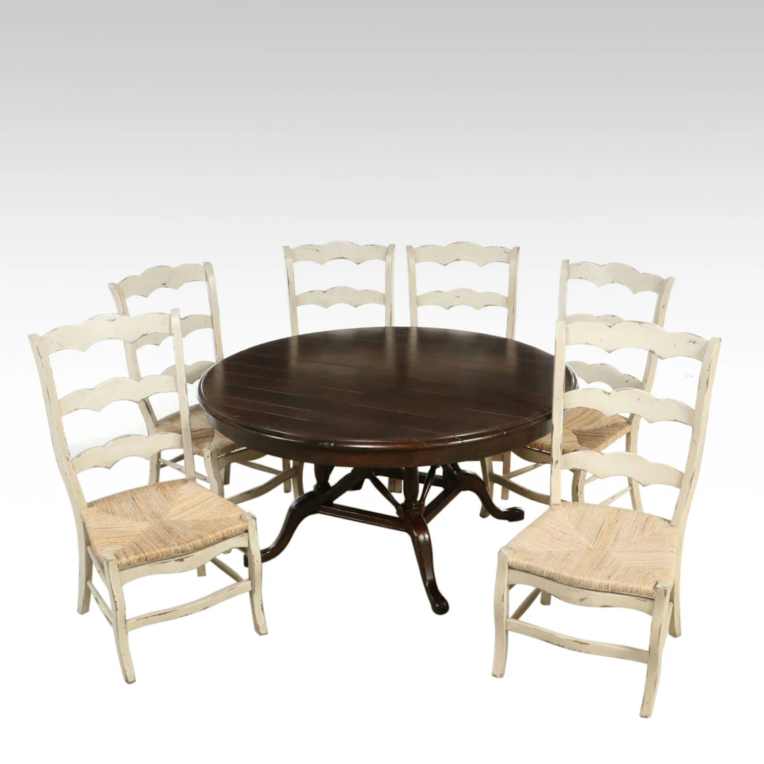 French Provincial Style Dining Table and Six Ladder-Back Chairs