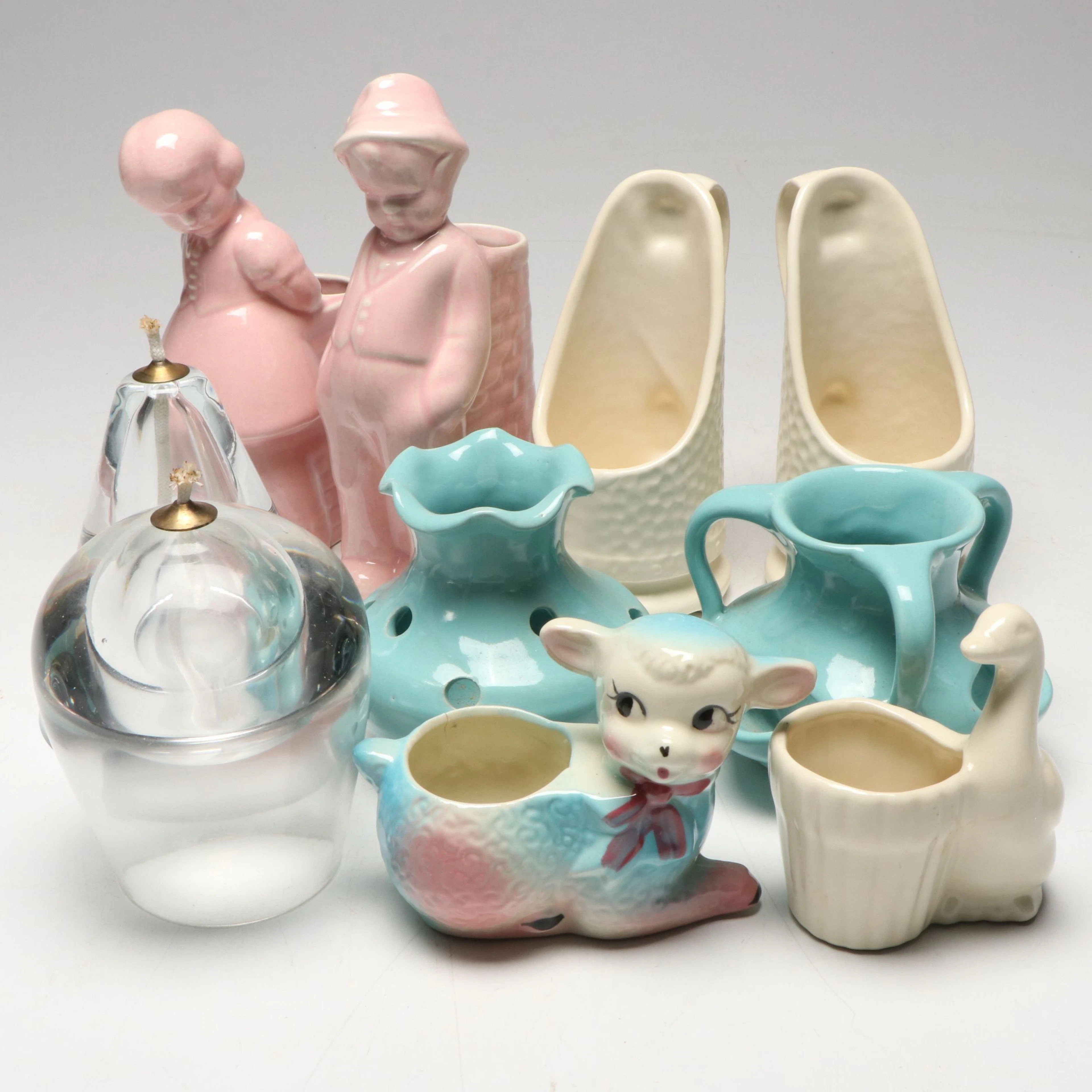 Polychrome Lamb Planter with Other Figural Ceramics and Glass Oil Lamps