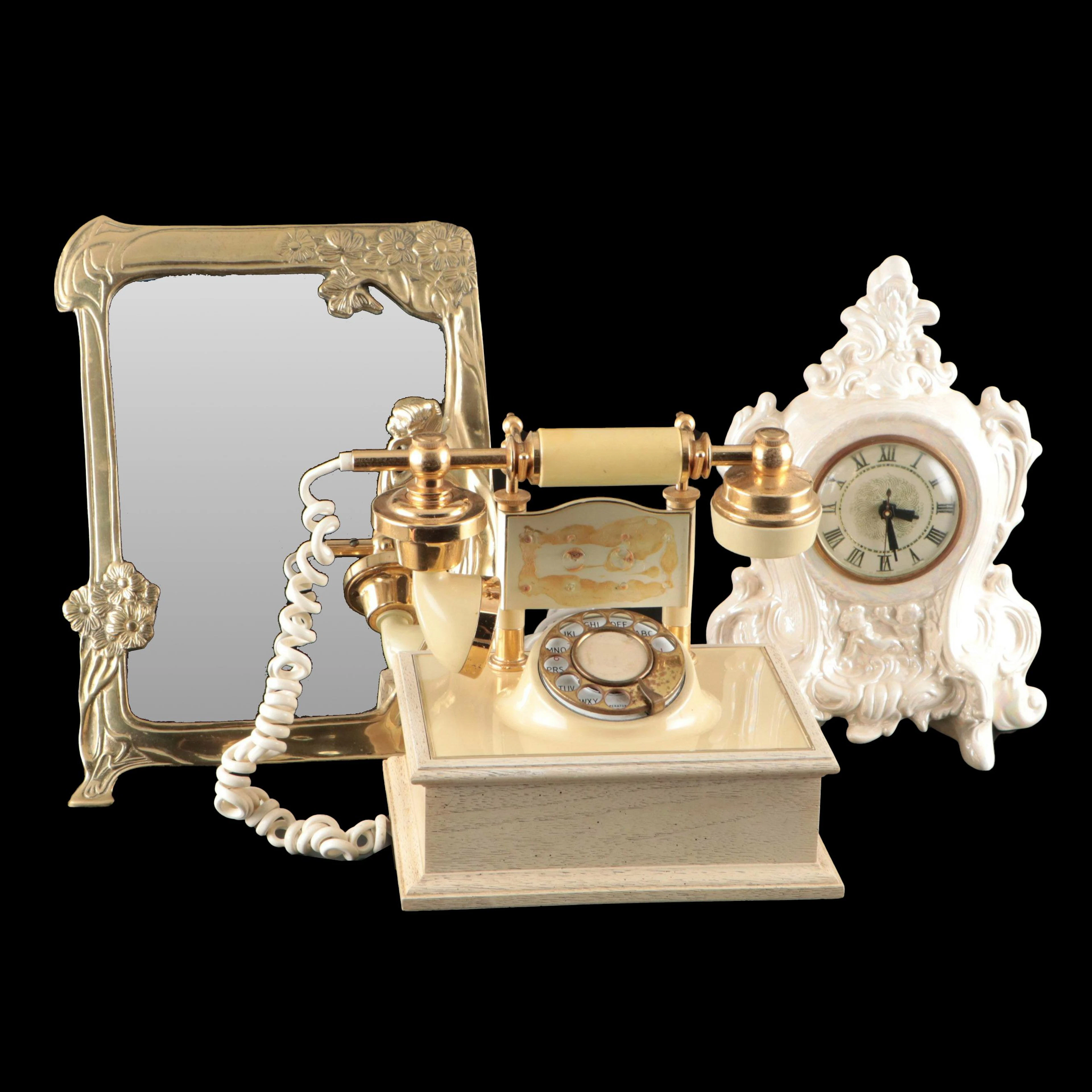 Art Nouveau Style Brass Vanity Mirror, Deco-Tel Rotary Phone, and