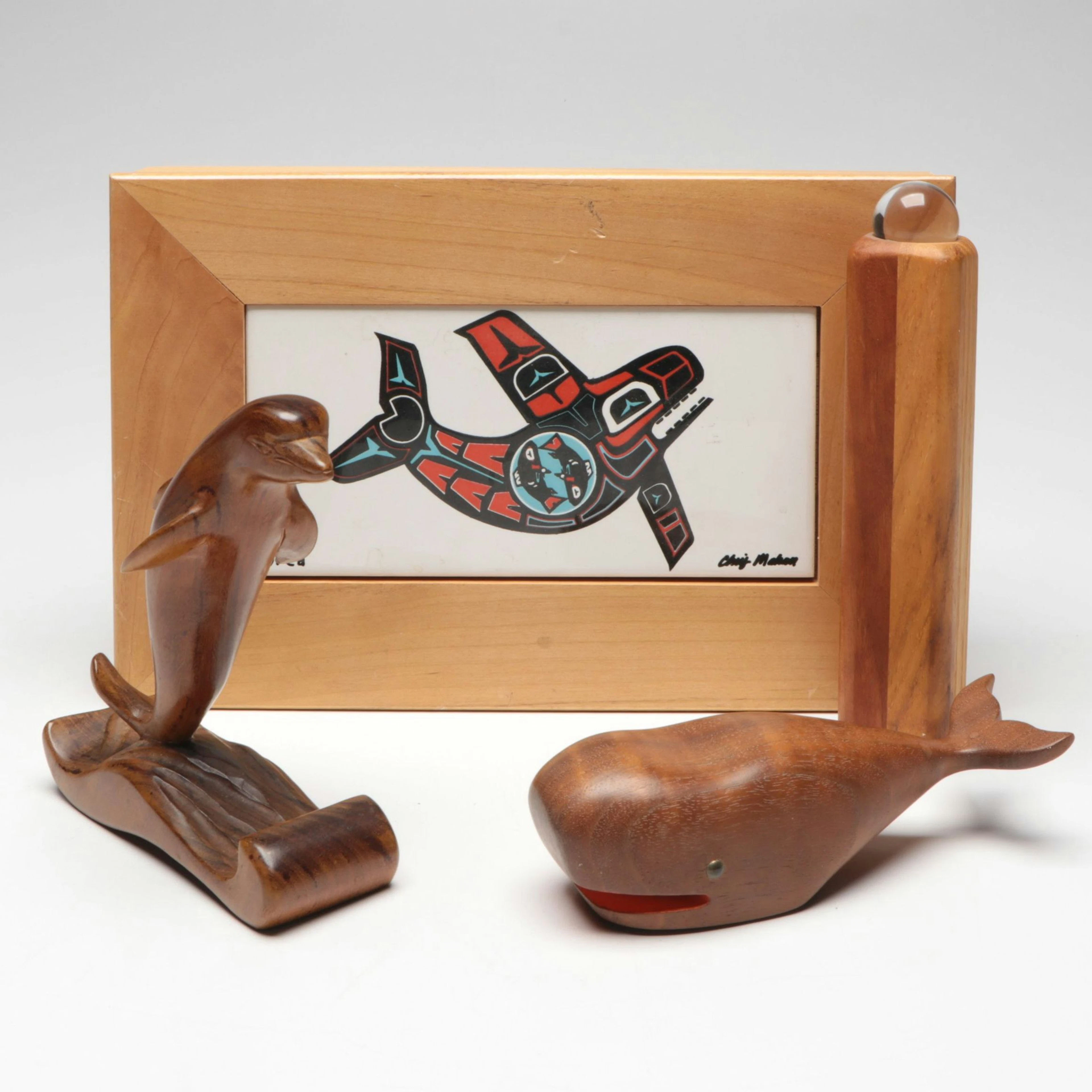 Chris Mahan Hand-Painted "Orca" Ceramic Tile Inlaid in Wood Box with