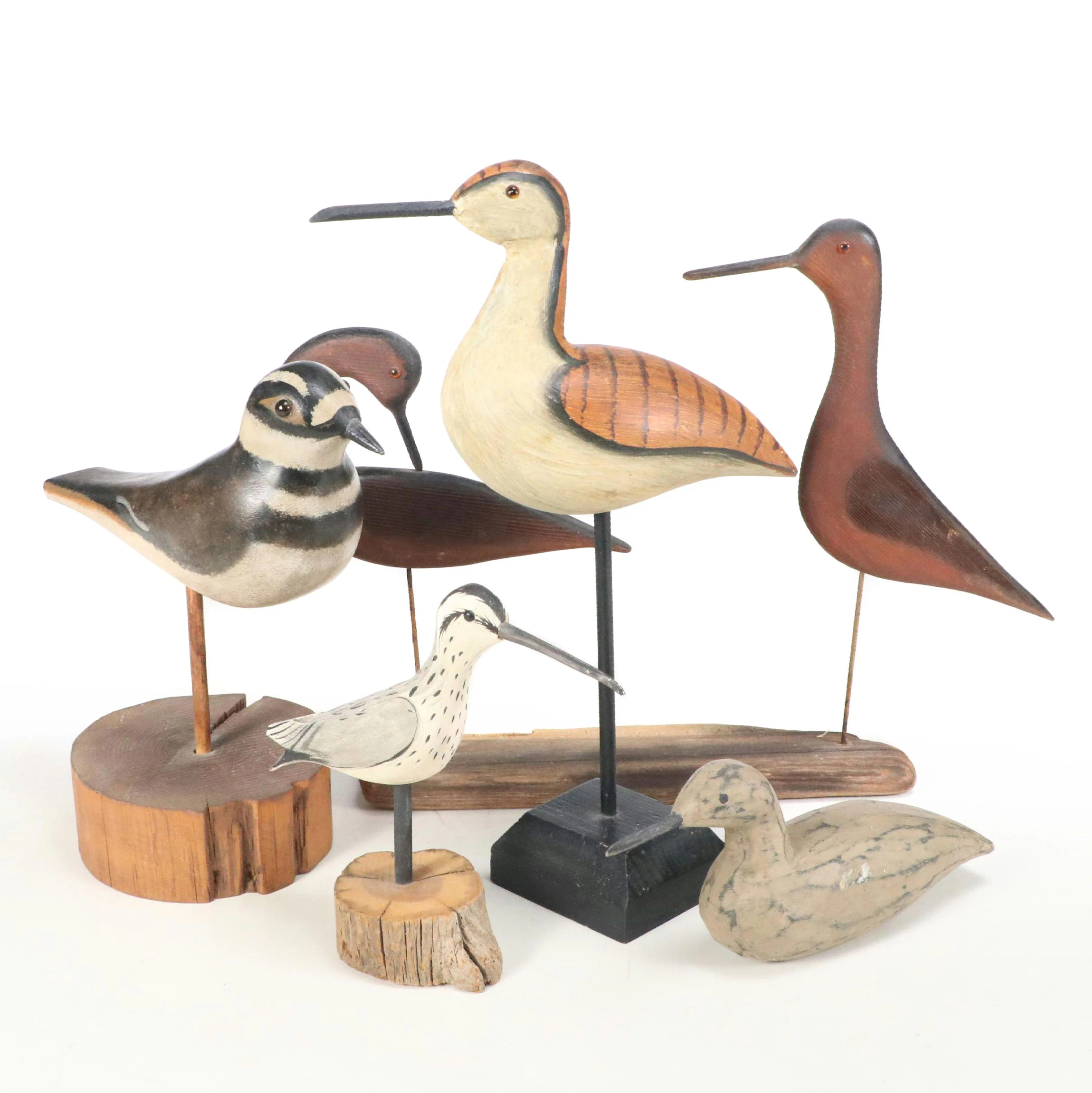 Americana Folk Art Carved and Painted Killdeer with Other Shorebird Decoy