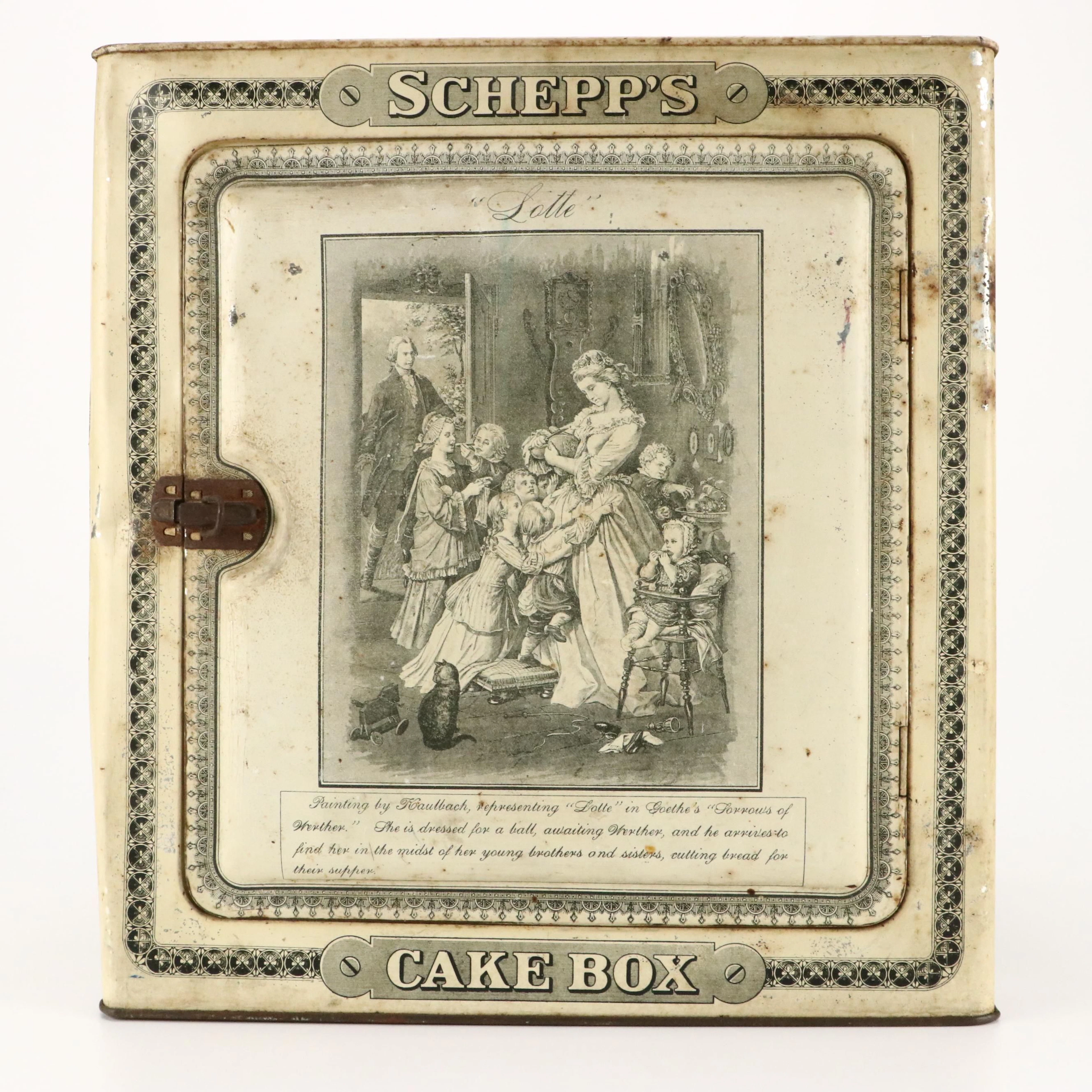 Schepps Goethe Character Tin Litho Cake Box, Early 20th Century