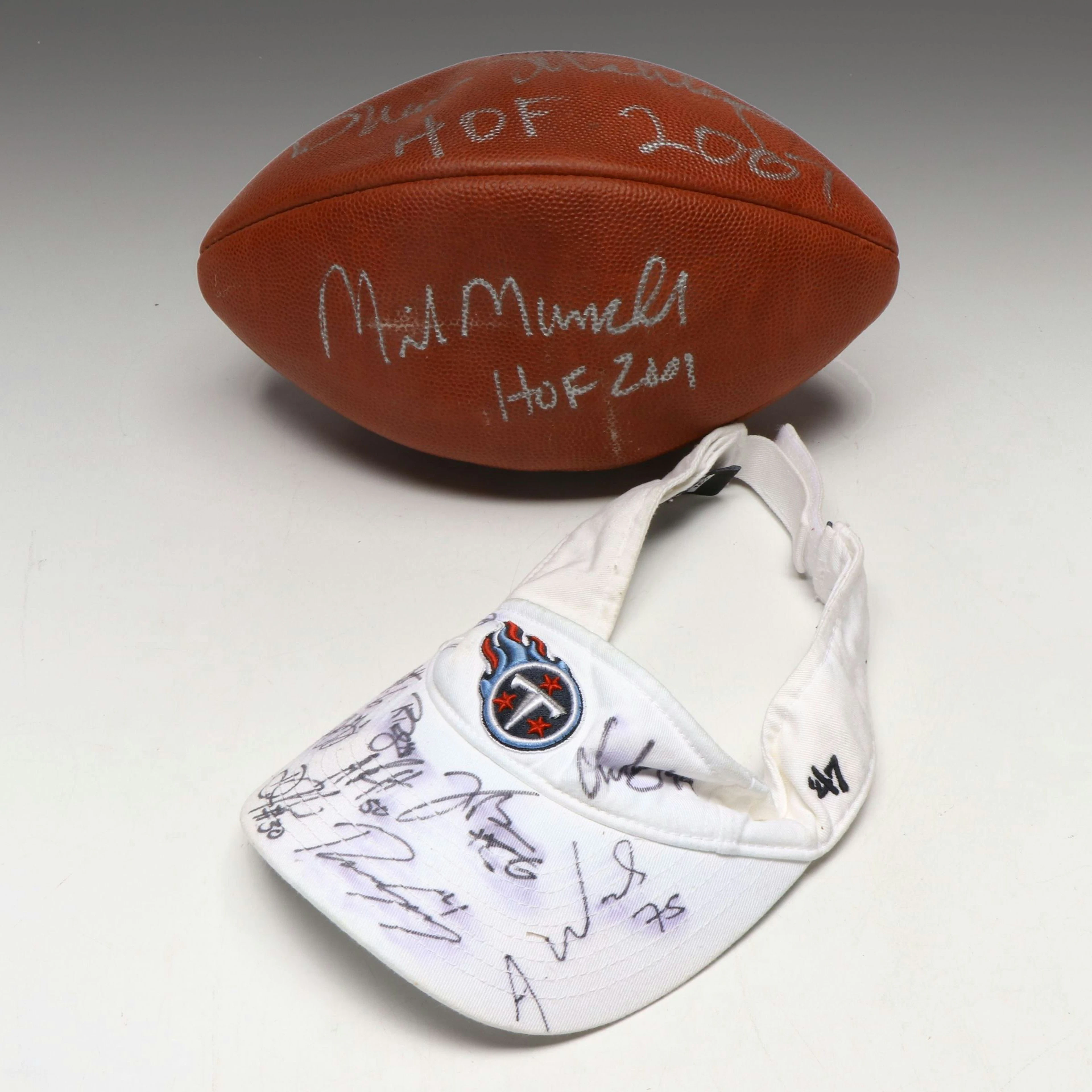 Bruce Matthews and Mike Munchak Signed Football with Titans Team Signed Visor