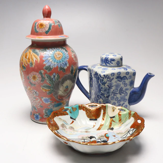 Japanese Hand-Painted Imari Style Bowl with Chinese Ceramic Tea Pot and Urn