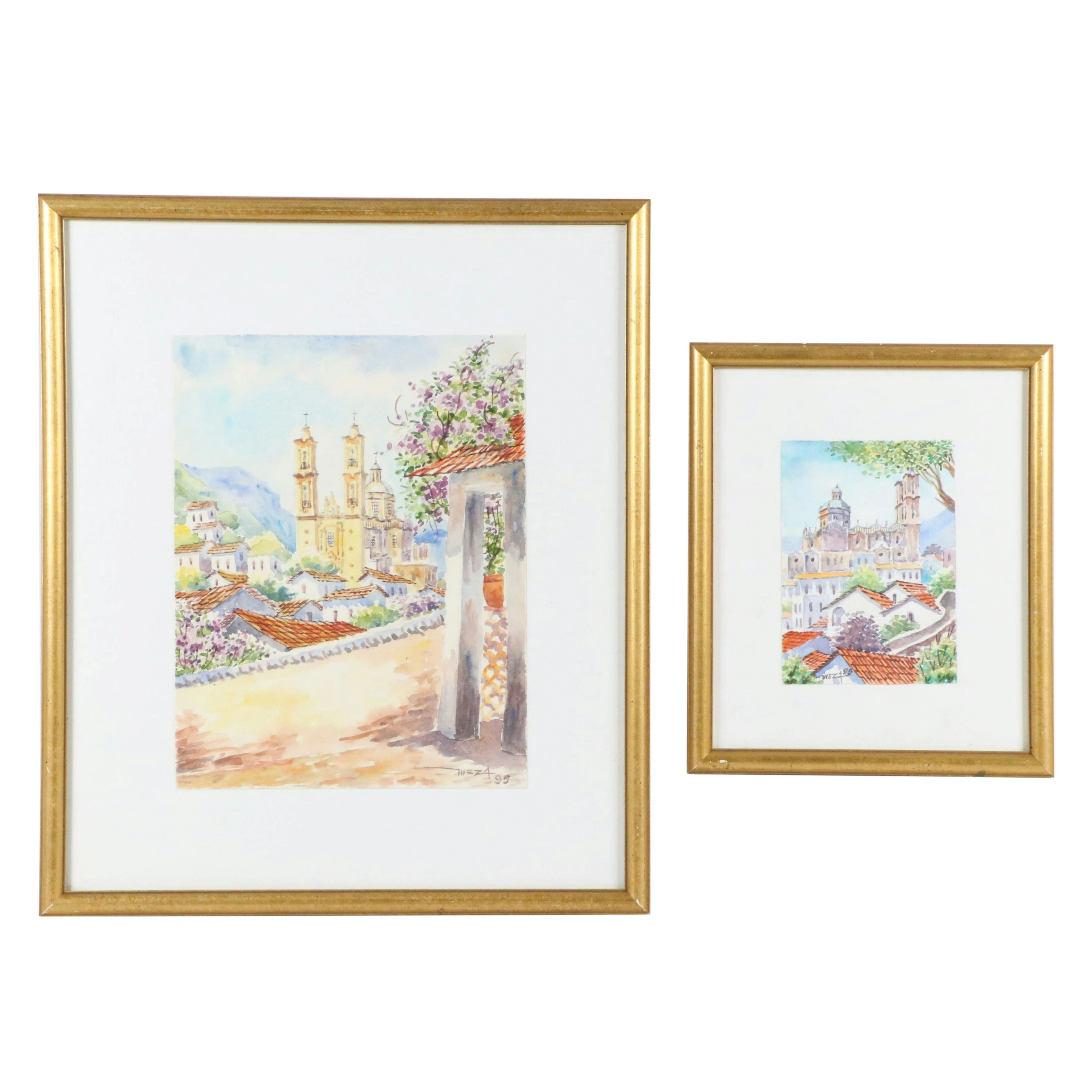 Mexican Village Scene Watercolor Paintings, 1995