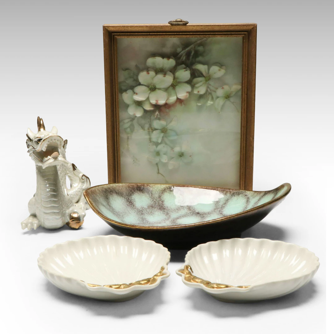 German Mid Century Modern Ceramic Dish with Lusterware Dragon, More Décor