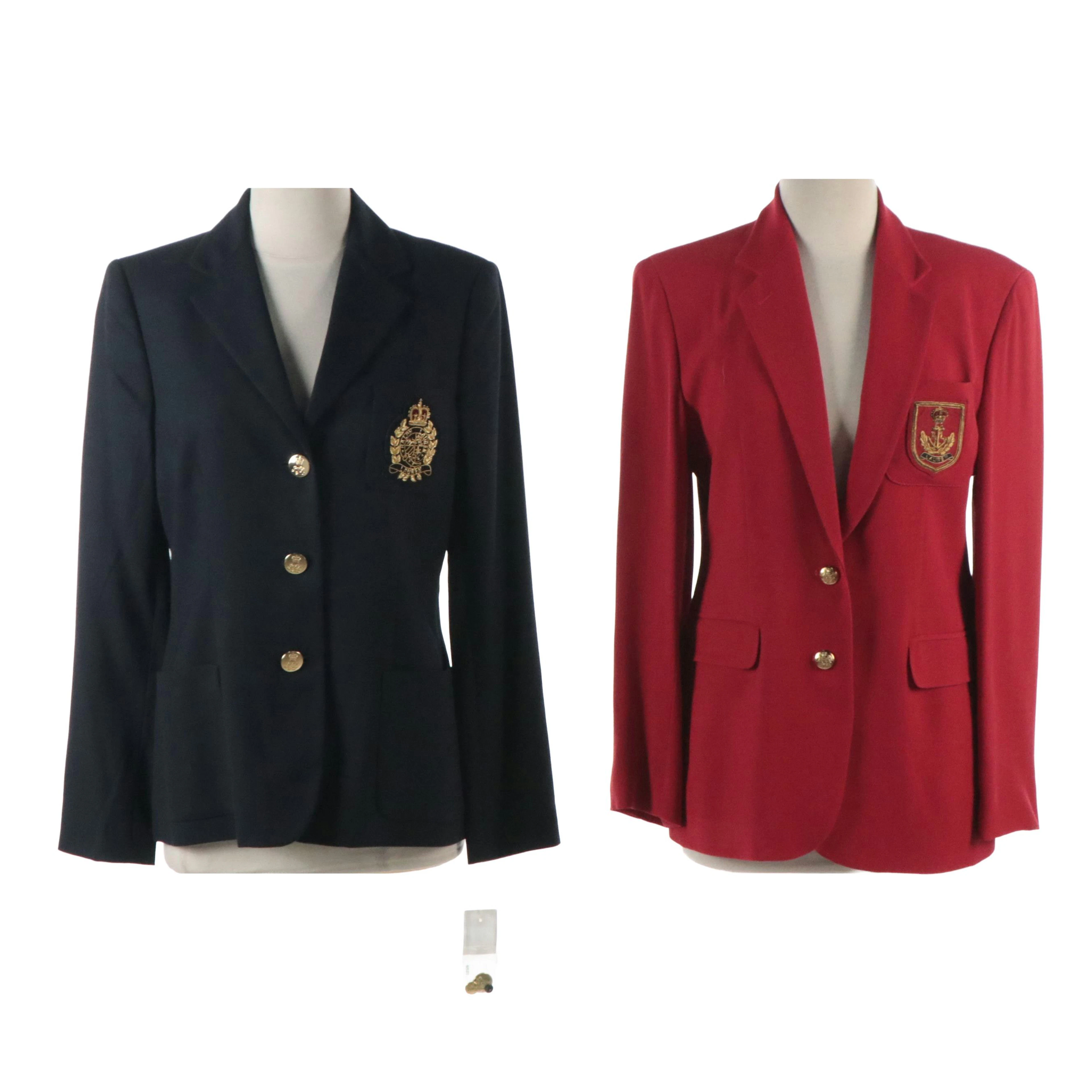Lauren Ralph Lauren Embroidered Crest Blazers in Dark Navy and Red Wool