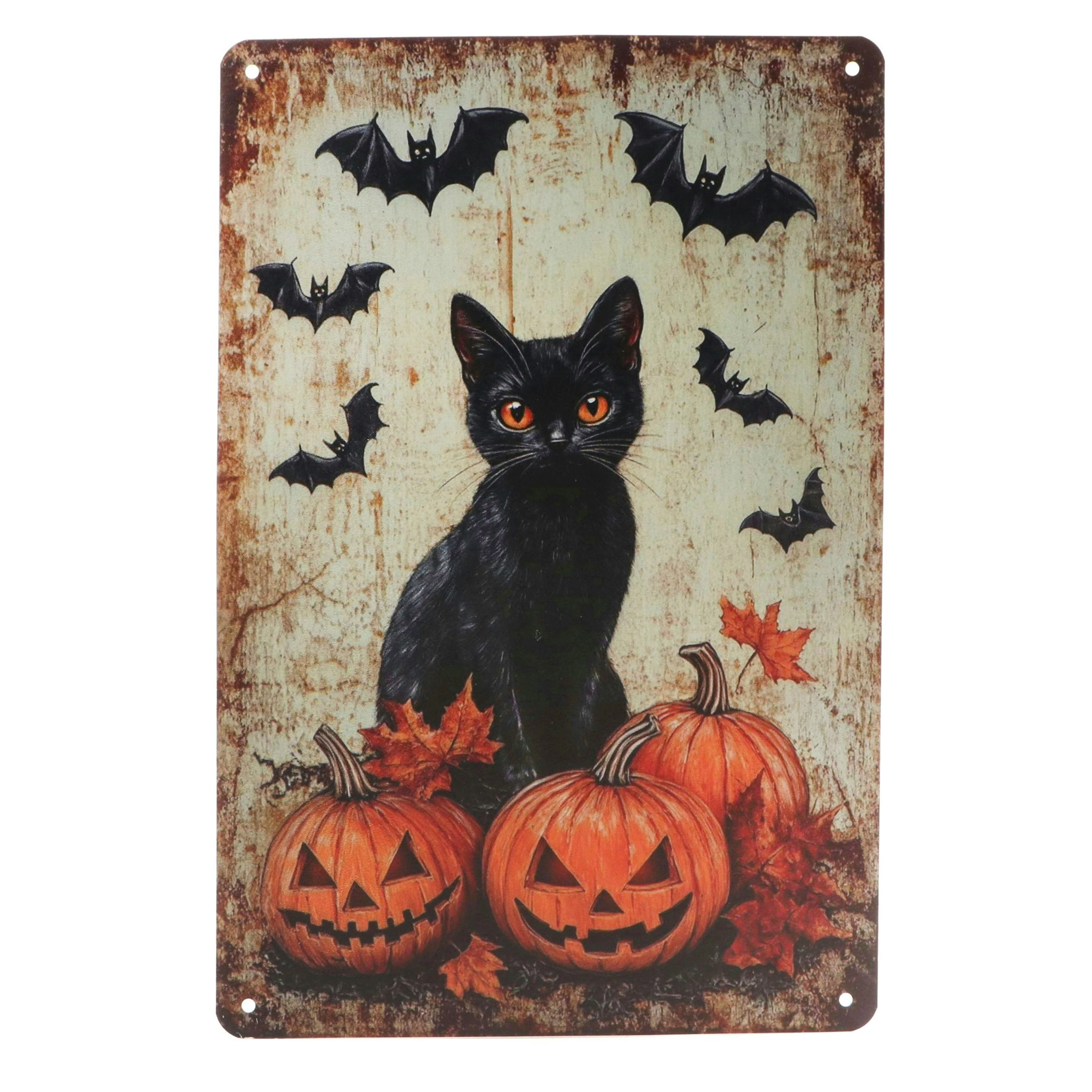 Halloween Black Cat with Bats and Jack-o'-Lanterns Transfer-Print Panel