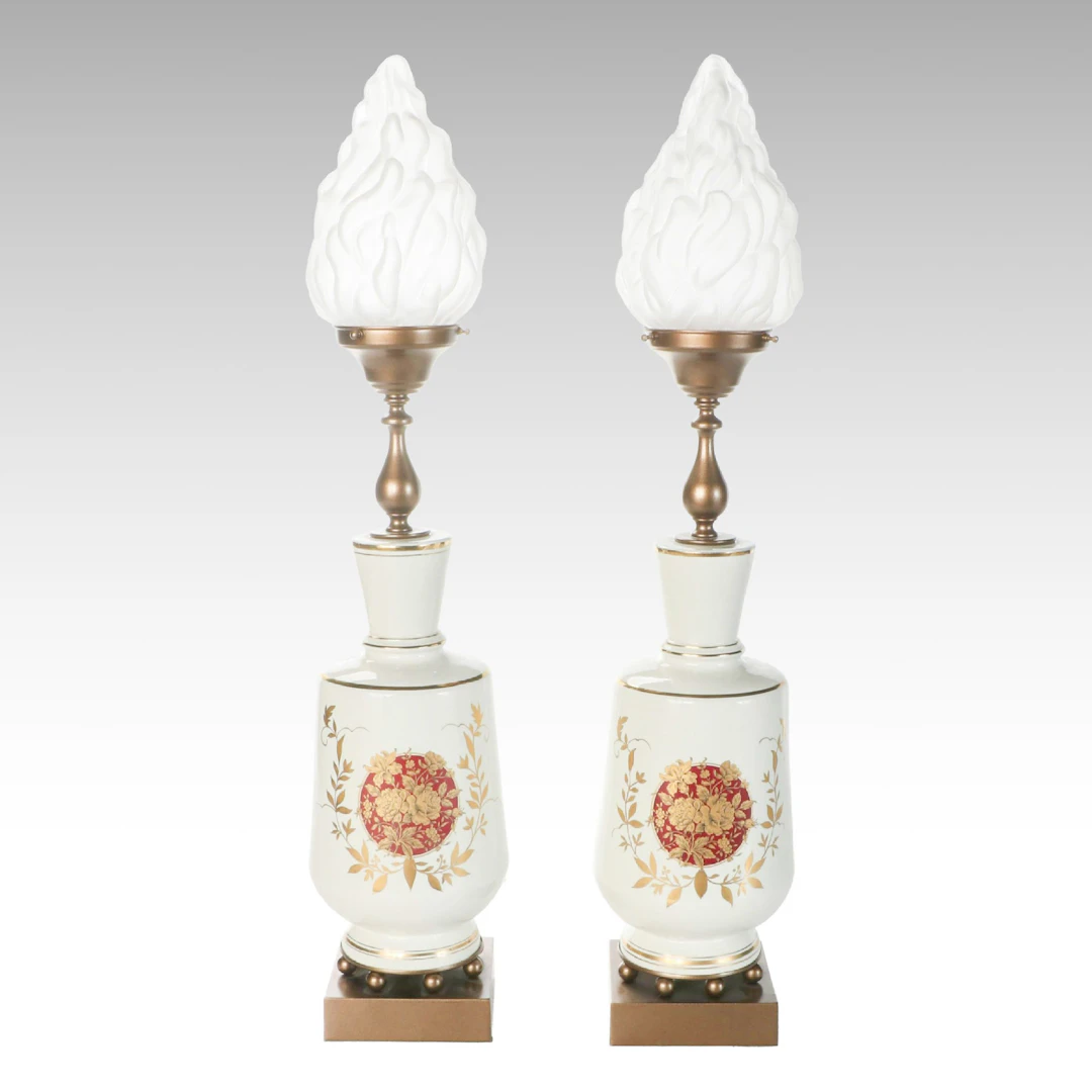 Continental Style Gilt Ceramic Table Lamps with Flame Glass Shades