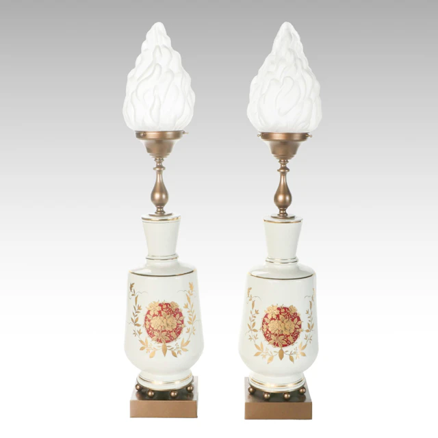Continental Style Gilt Ceramic Table Lamps with Flame Glass Shades