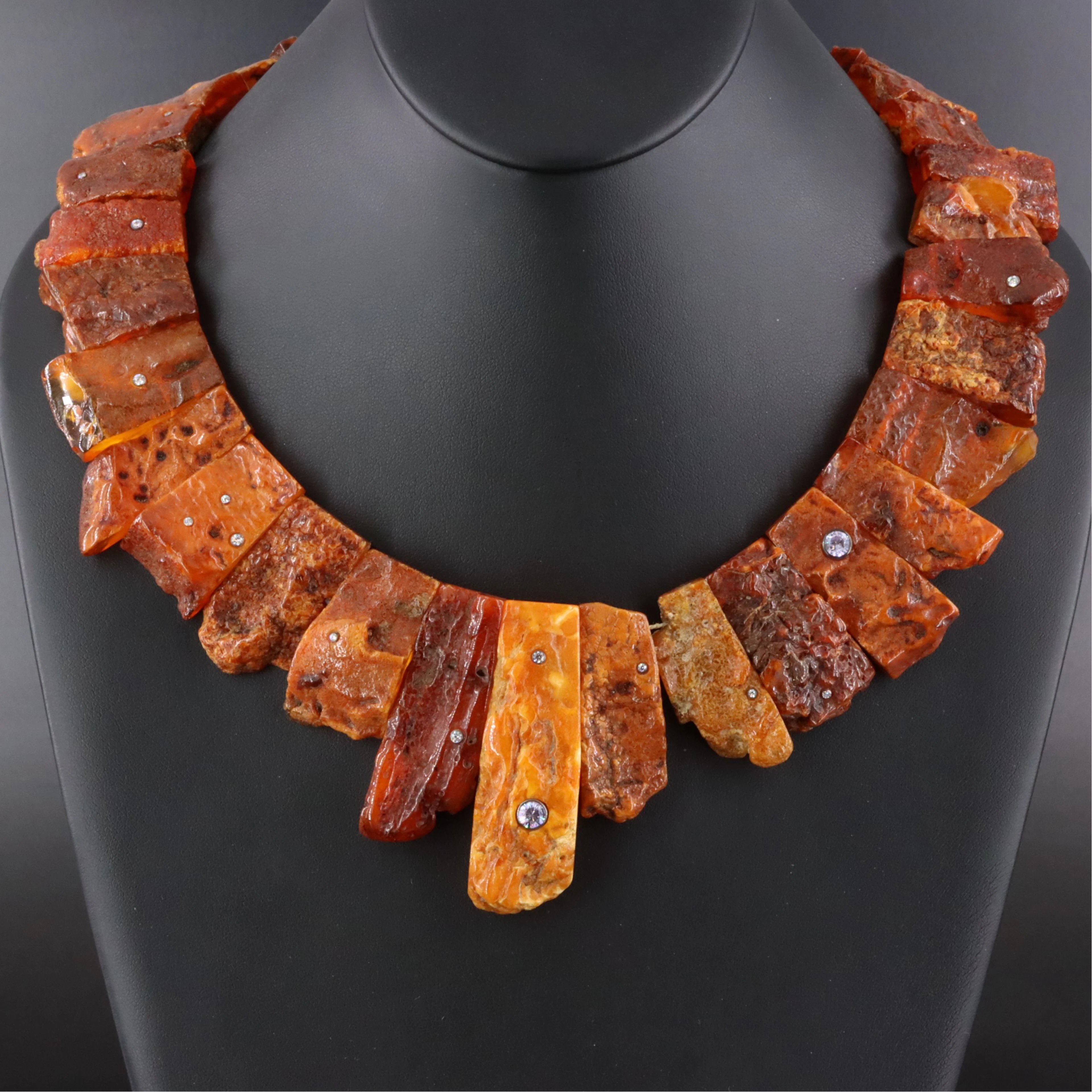 Graduated Amber Necklace Studded with Crystal Accents