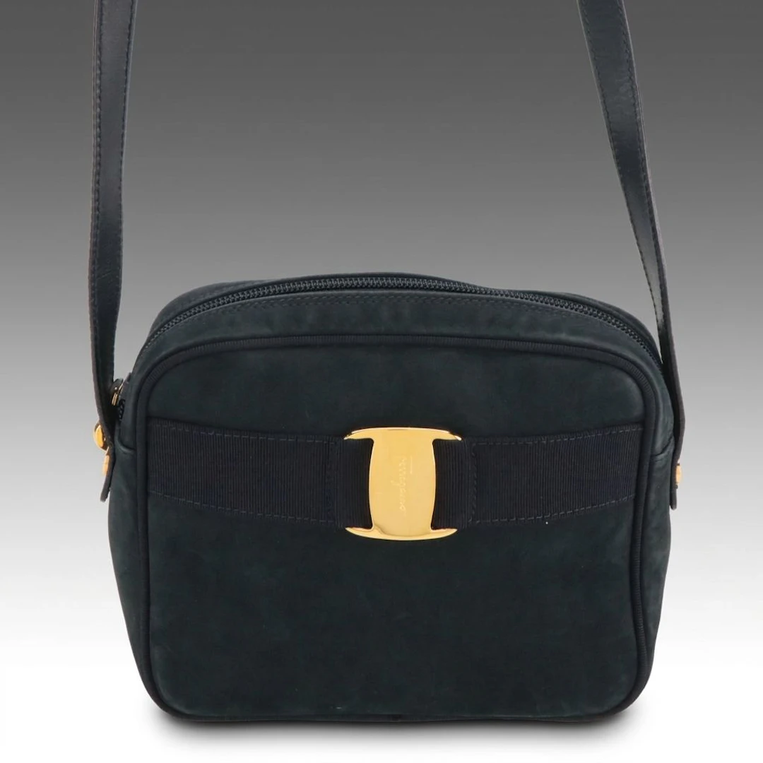 Salvatore Ferragamo Crossbody Bag in Navy Blue Nubuck and Leather