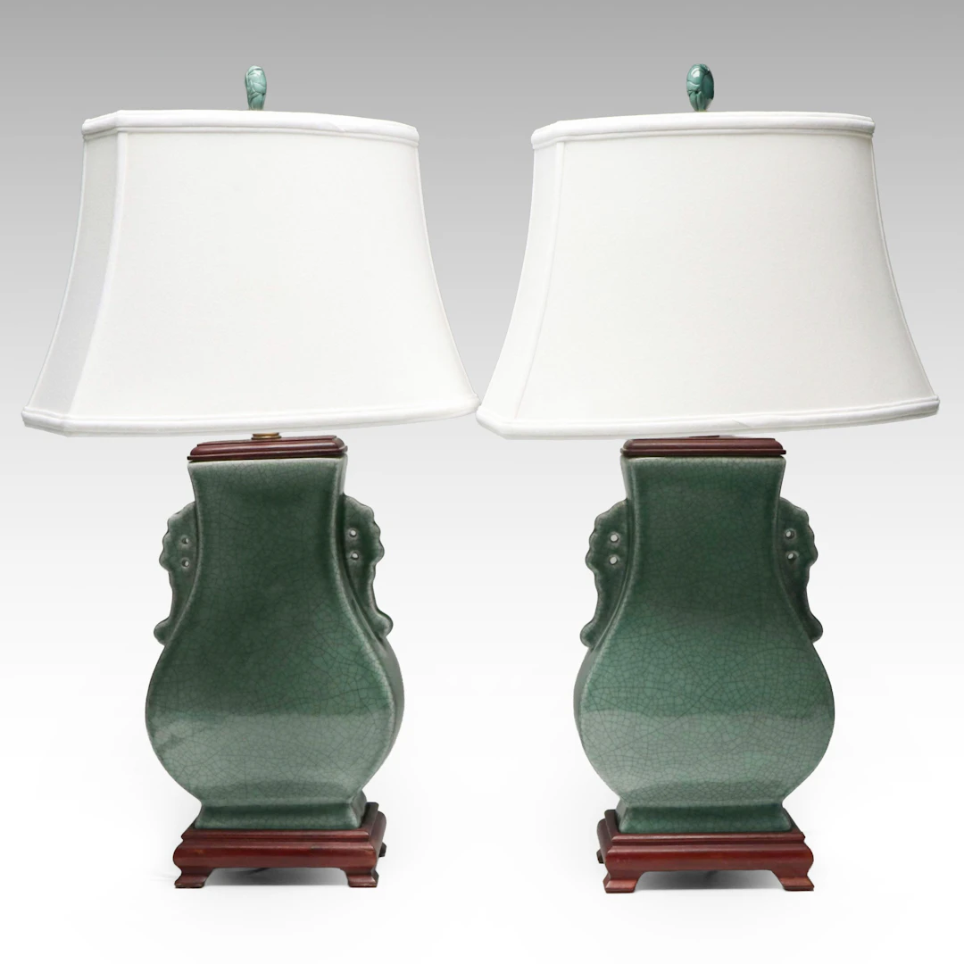 Chinese Green Crackle Glaze Hu Vase Table Lamps